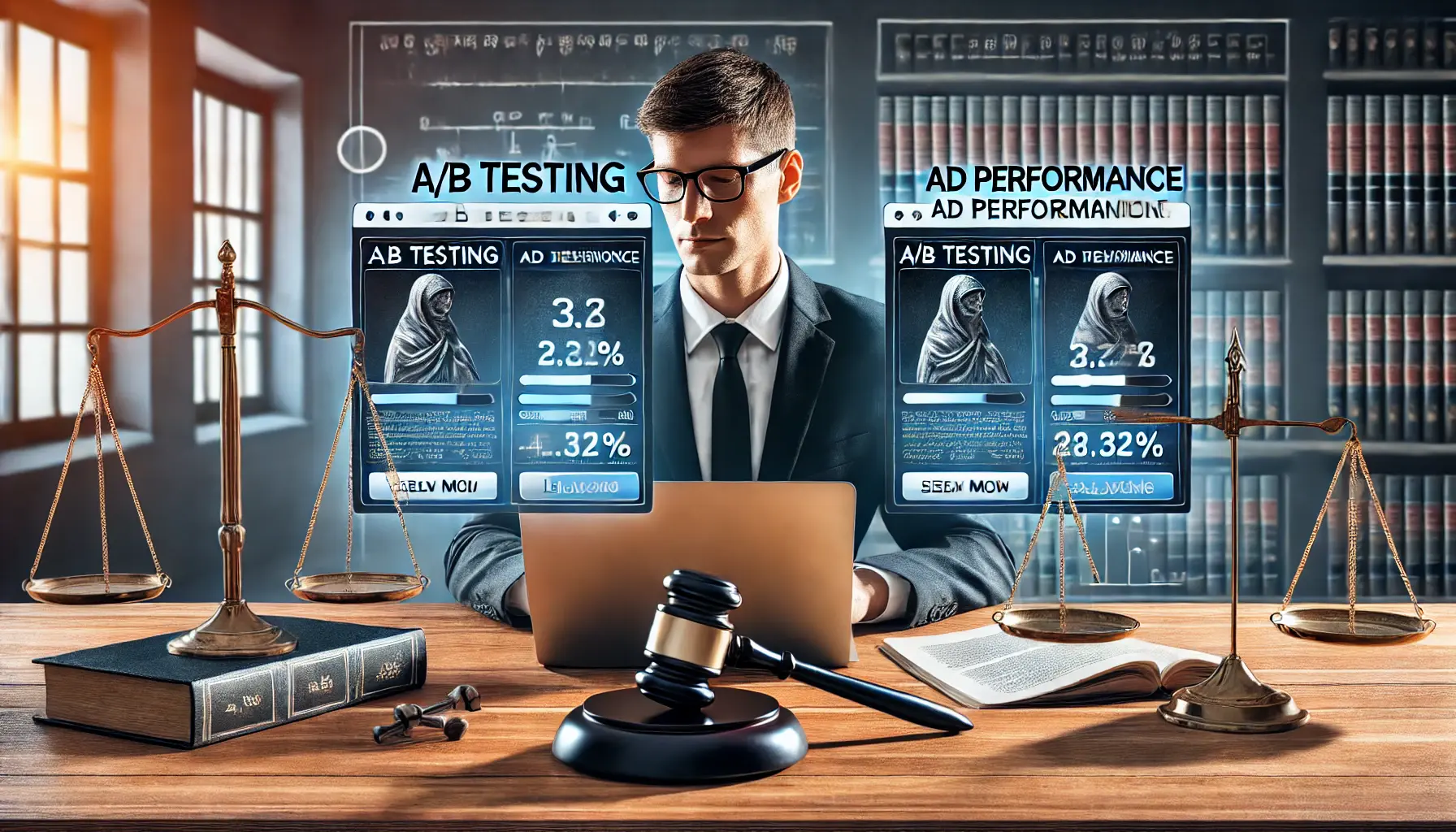 Illustration of a lawyer conducting A/B testing on a laptop, comparing two ad campaign variations, with law office elements in the background.