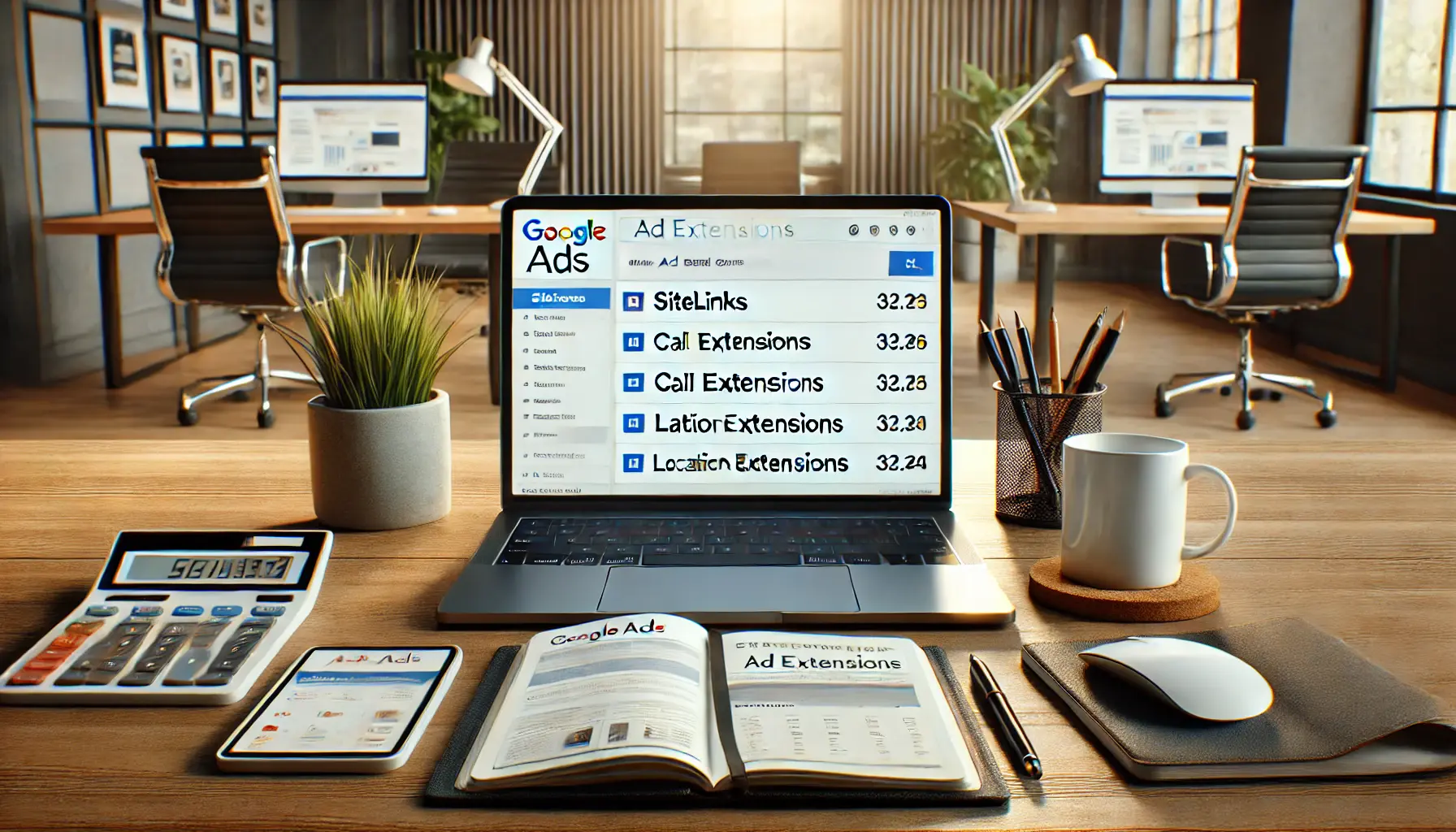 A laptop displaying Google Ads interface with options for sitelinks, call extensions, and location extensions, accompanied by a tablet, coffee mug, and notebook in a professional workspace.