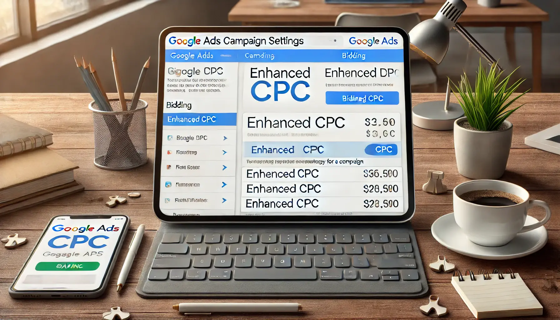 A digital marketing workspace showing the Google Ads campaign settings page where Enhanced CPC is being enabled.