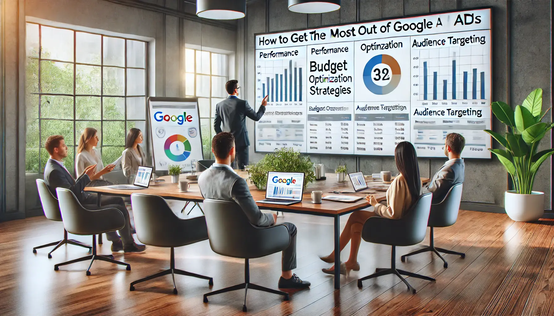 A digital marketer collaborating with a team in a modern office, reviewing campaign data and performance metrics on a large screen.