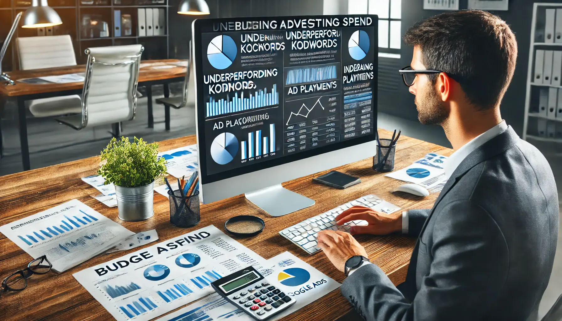 A digital marketing professional analyzing underperforming keywords and ad placements on a computer screen, with financial reports and graphs in a modern office setting.