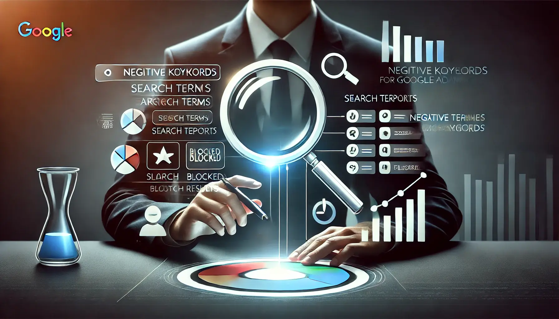 Abstract representation of the process of identifying negative keywords in Google Ads, with icons like magnifying glasses, search reports, and filters.