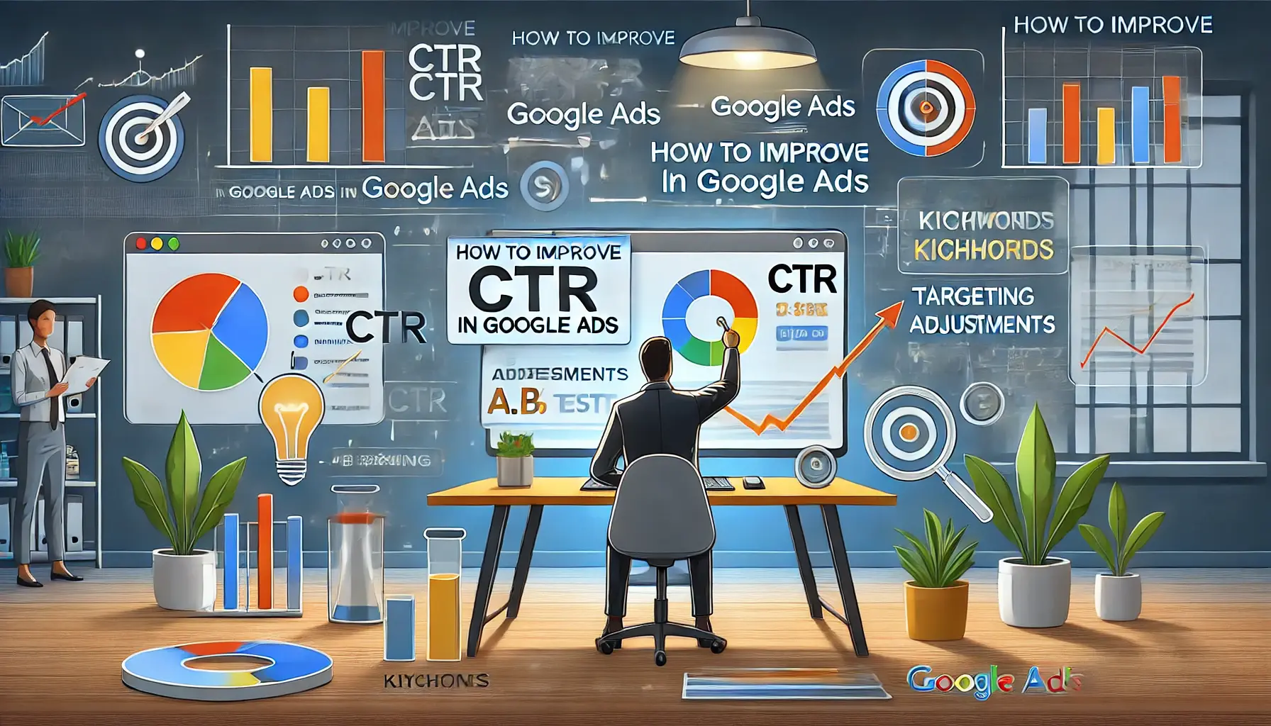 A marketer optimizing ad performance metrics like CTR, keywords, and ad copy on a digital dashboard.