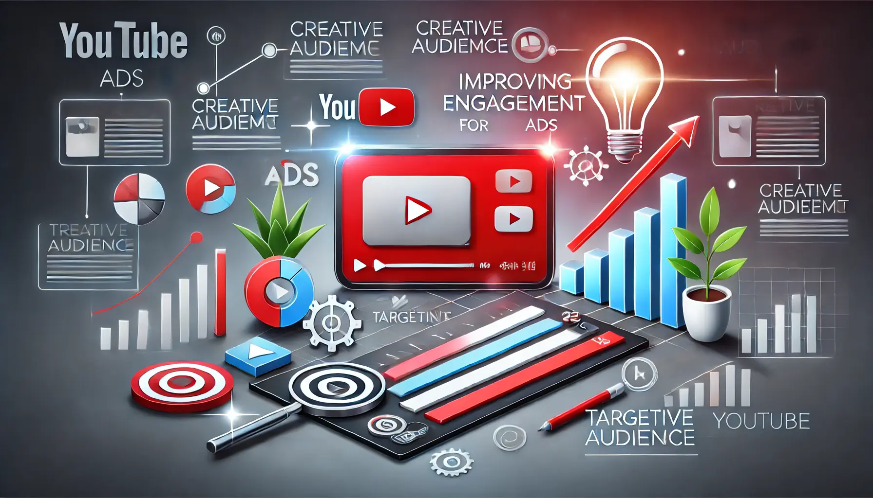 An illustration showing strategies for improving YouTube Ads engagement, with a video player, growing bar graph, audience icons, and creative ideas symbolized by a light bulb.