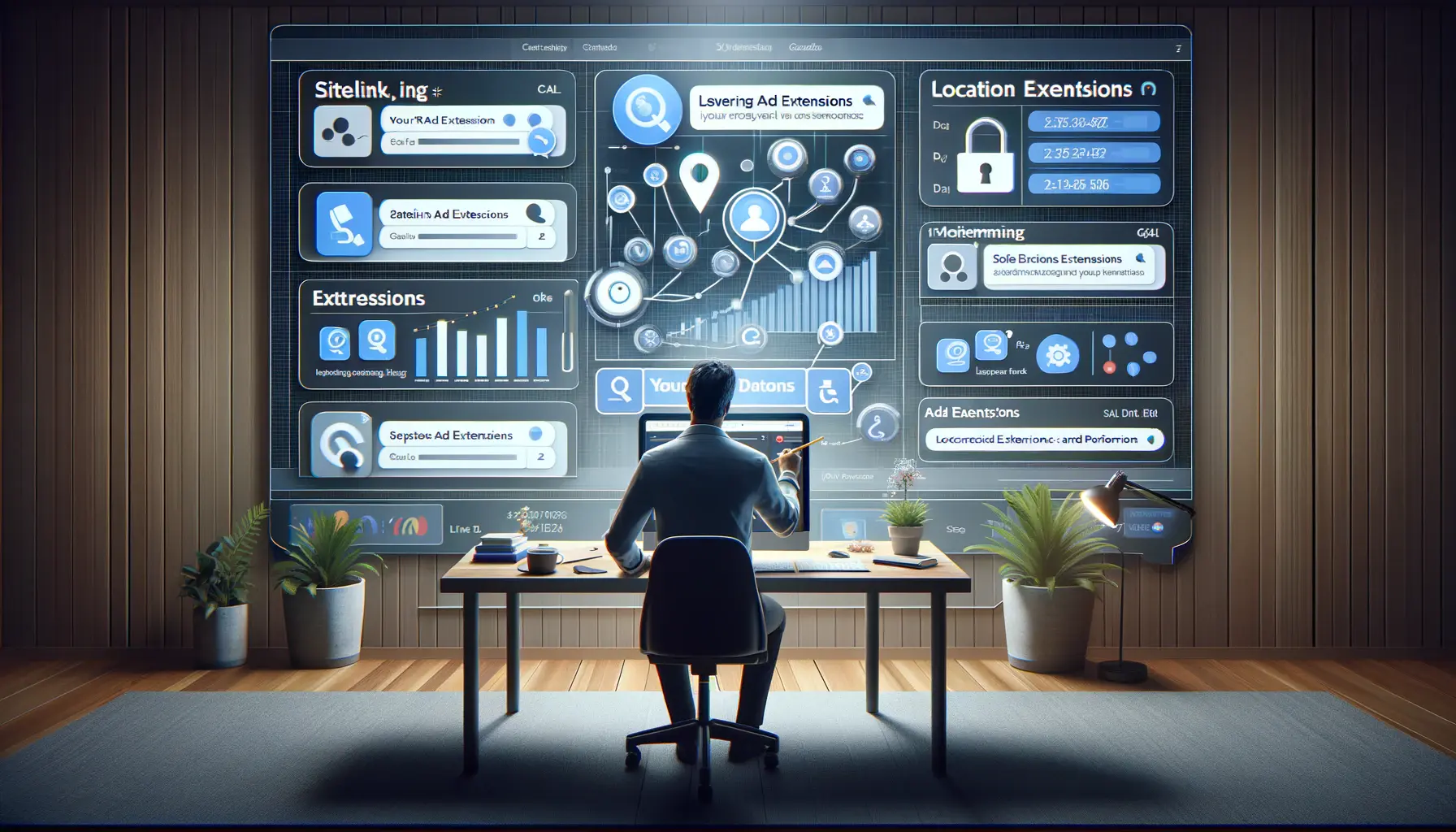 A marketer interacting with a digital dashboard displaying various ad extensions like sitelink, call, and location extensions, along with performance graphs.