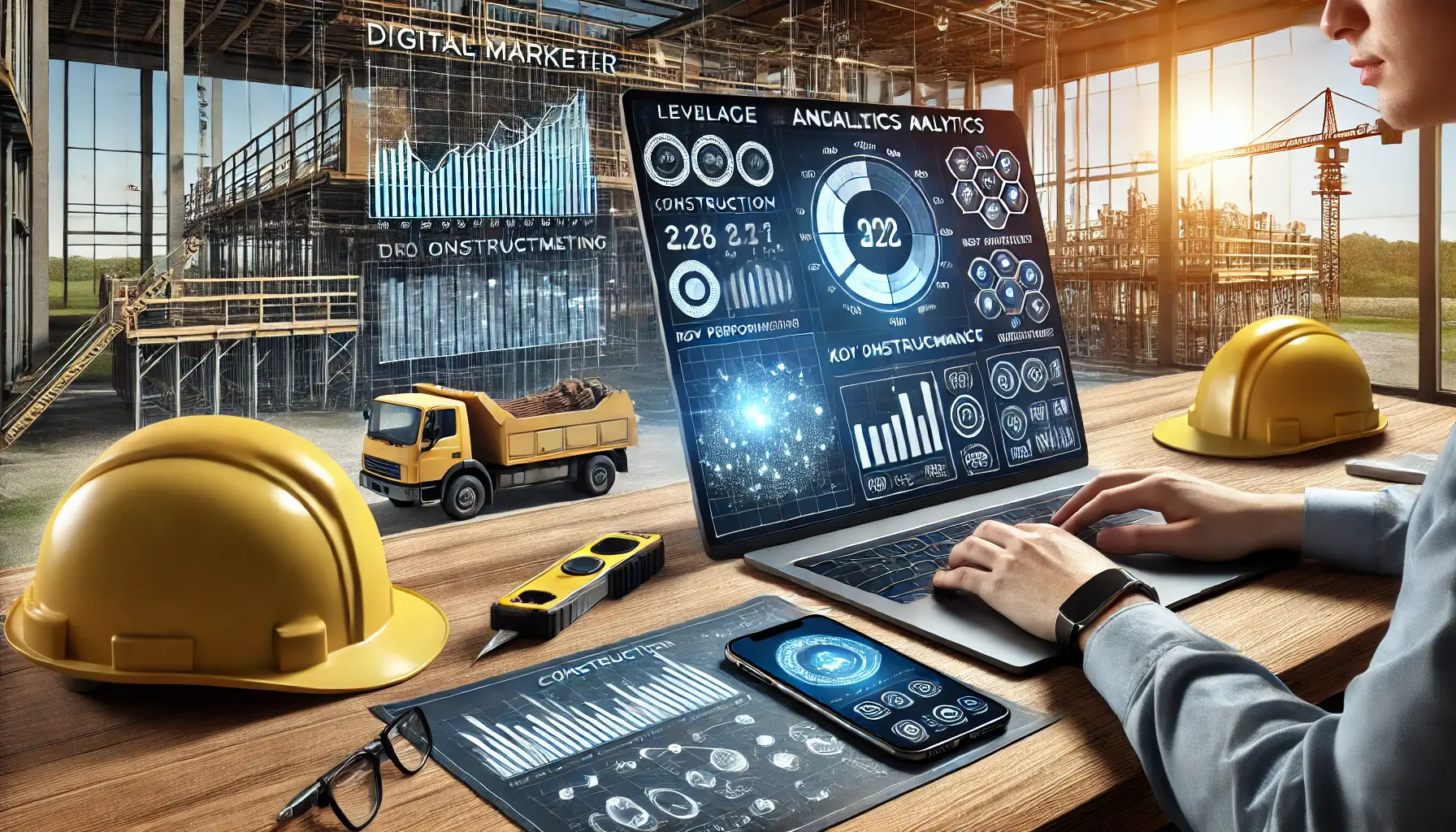 Digital marketer analyzing analytics tools on a large screen, with construction blueprints, a hard hat, and a smartphone on the desk.