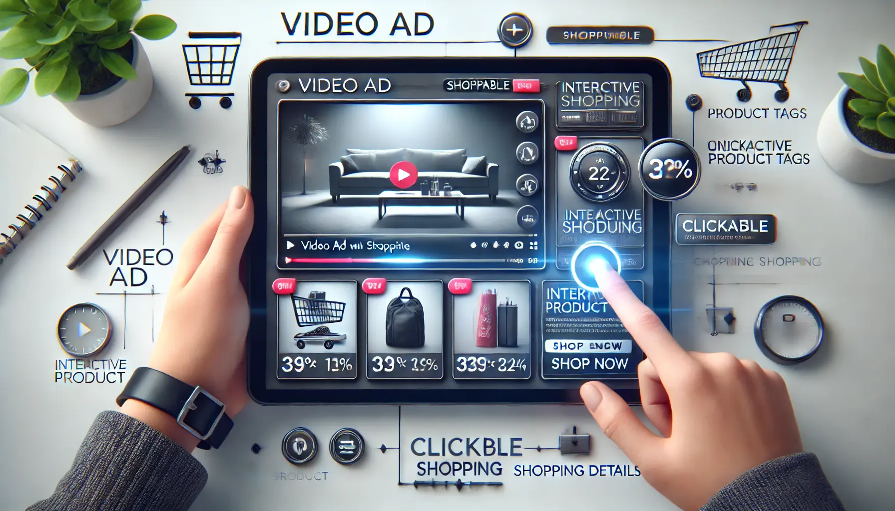 An illustration of a video ad playing on a tablet with shoppable features like interactive product tags and clickable hotspots.