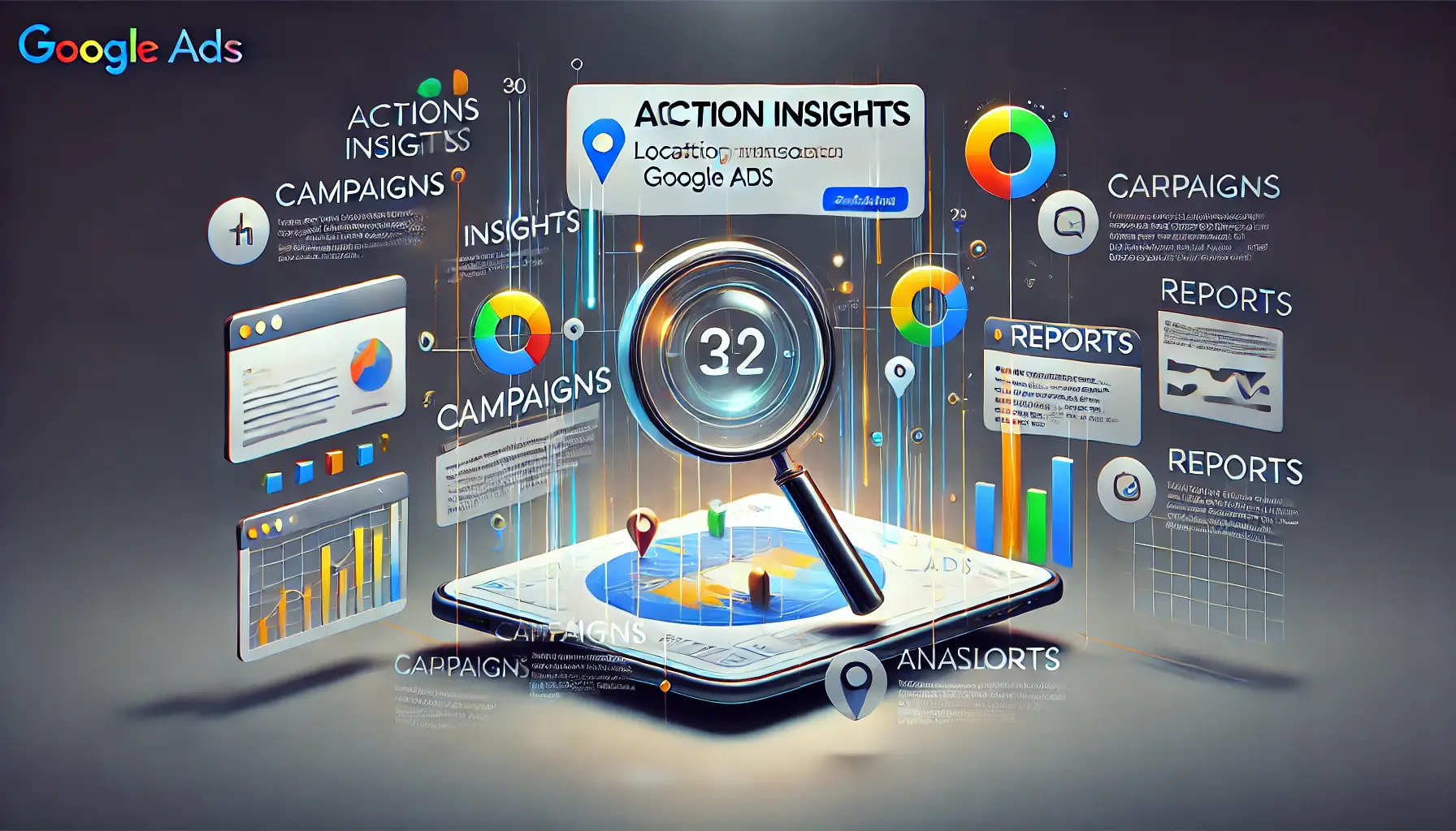 A stylized Google Ads dashboard interface showing navigation to auction insights with vibrant analytics visuals.