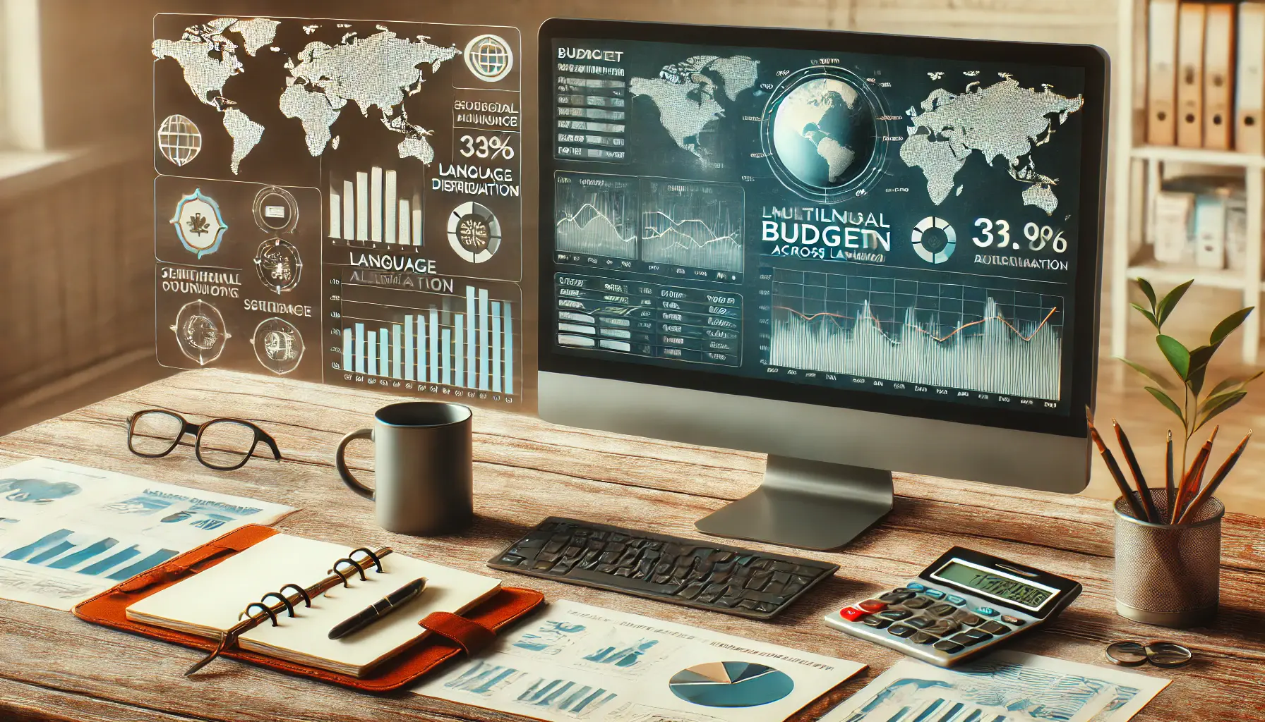 Workspace with a computer displaying a budgeting dashboard analyzing spend distribution by language and region.