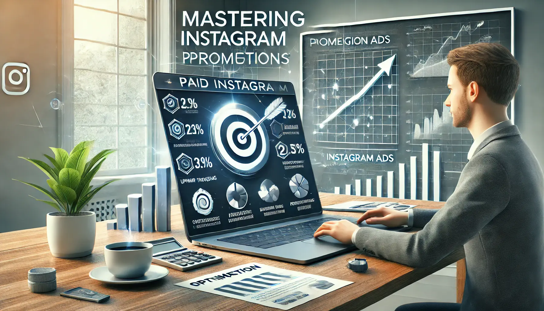 Illustration of a person working on a laptop with an Instagram ad campaign dashboard showing successful performance metrics, surrounded by optimization symbols like a target and upward-trending graphs.