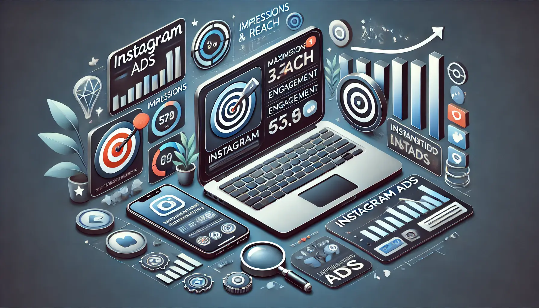 Illustration of a laptop displaying Instagram Insights with metrics like impressions and engagement, surrounded by a smartphone with a sponsored post and icons of targets, bar graphs, and magnifying glasses.