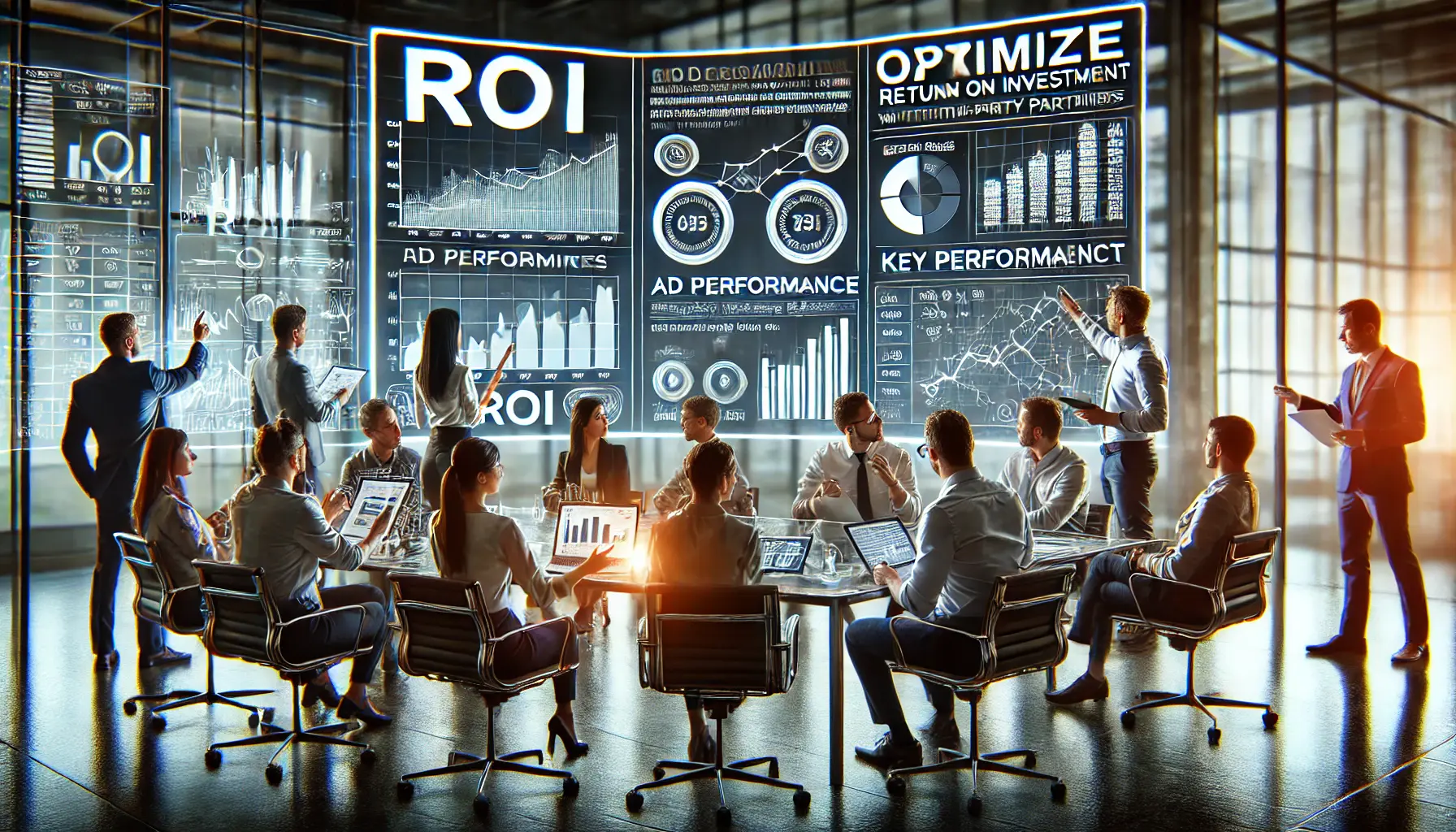 A team collaborating in a modern office with a screen displaying ROI metrics and performance graphs, focusing on optimization strategies.