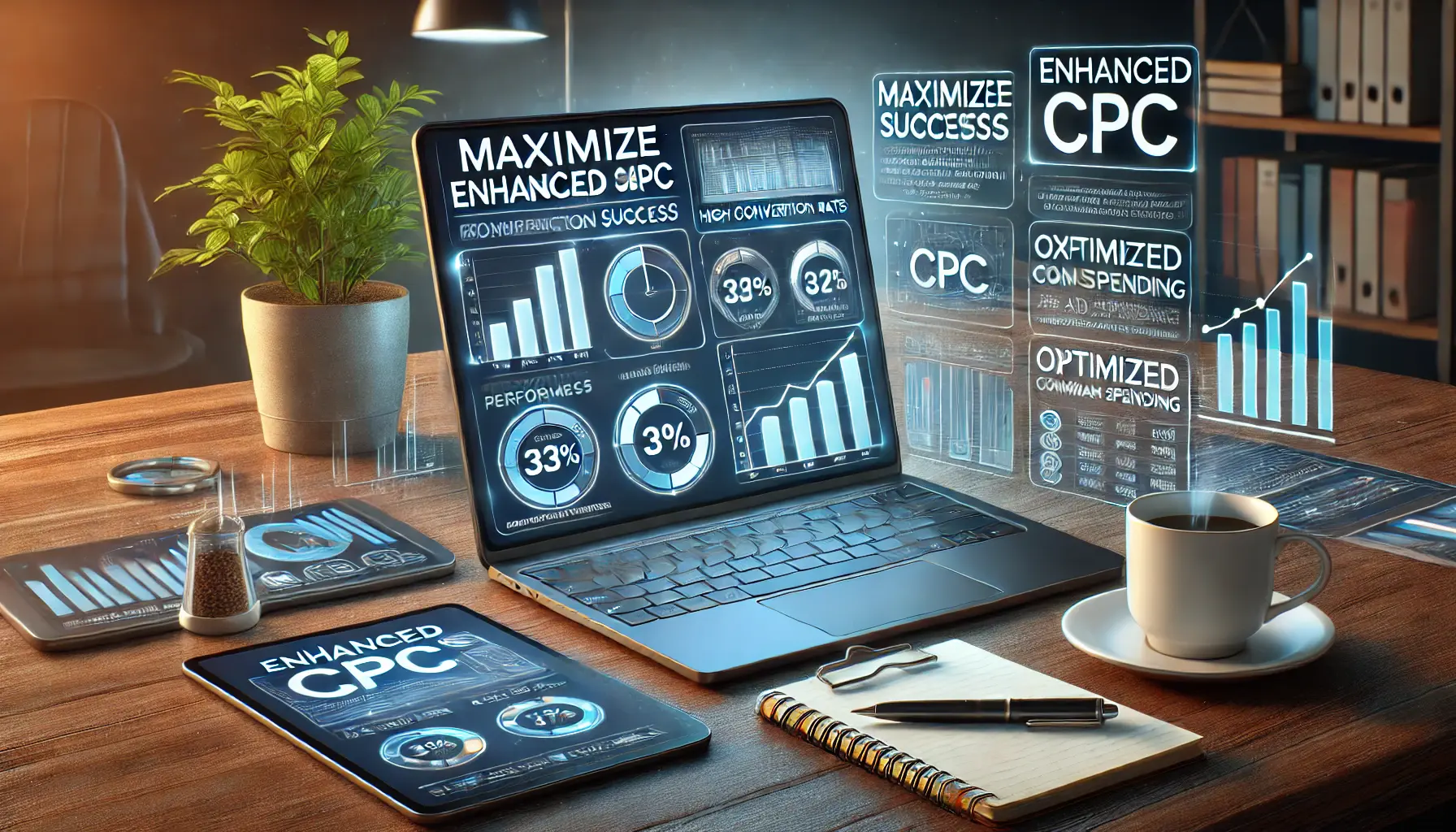 A digital marketing workspace with a laptop displaying a dashboard showing high conversion rates and optimized ad spending.