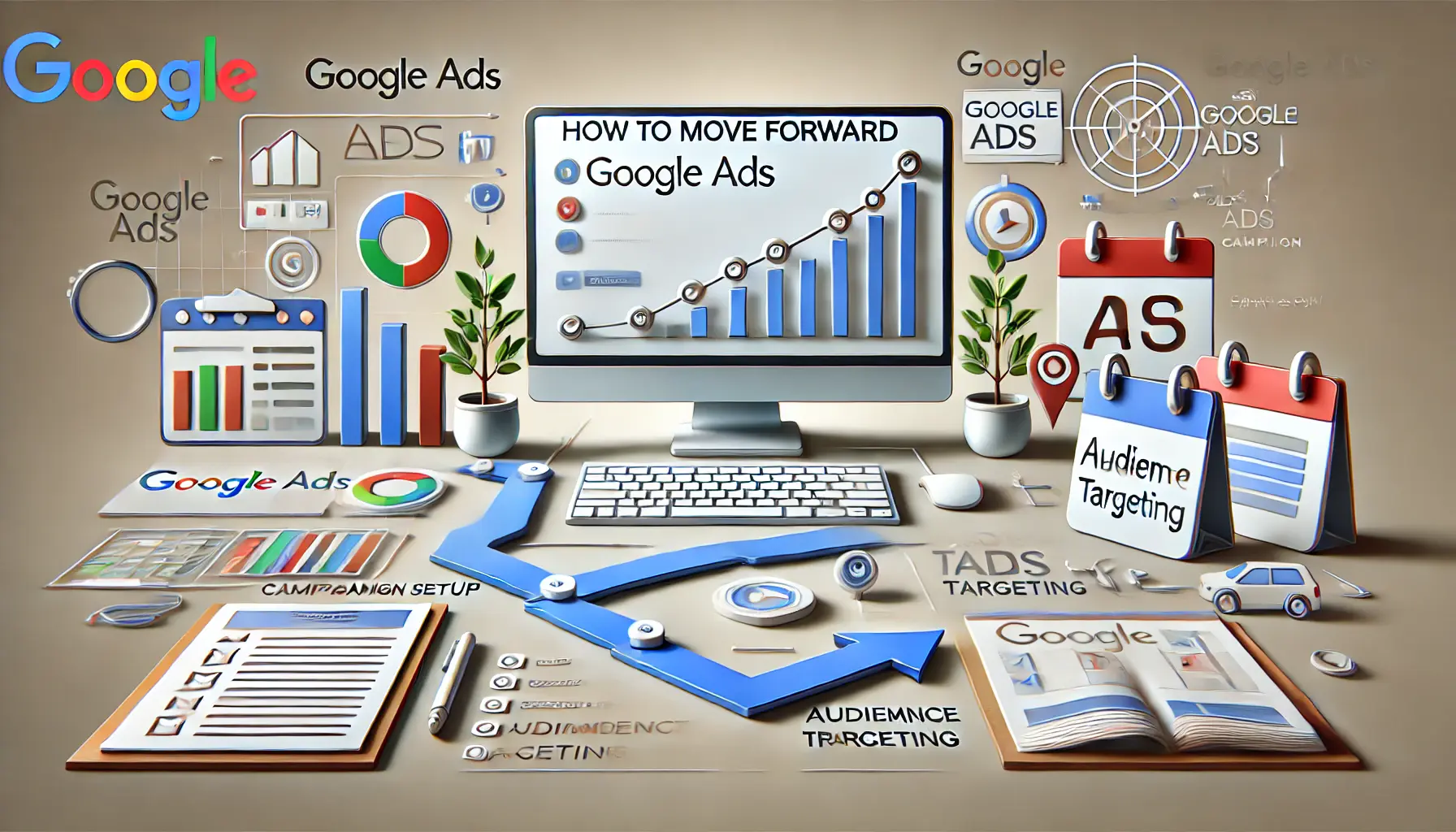 An illustration of a roadmap for moving forward with Google Ads for event promotion, featuring a computer screen with steps like campaign setup, audience targeting, and performance tracking.