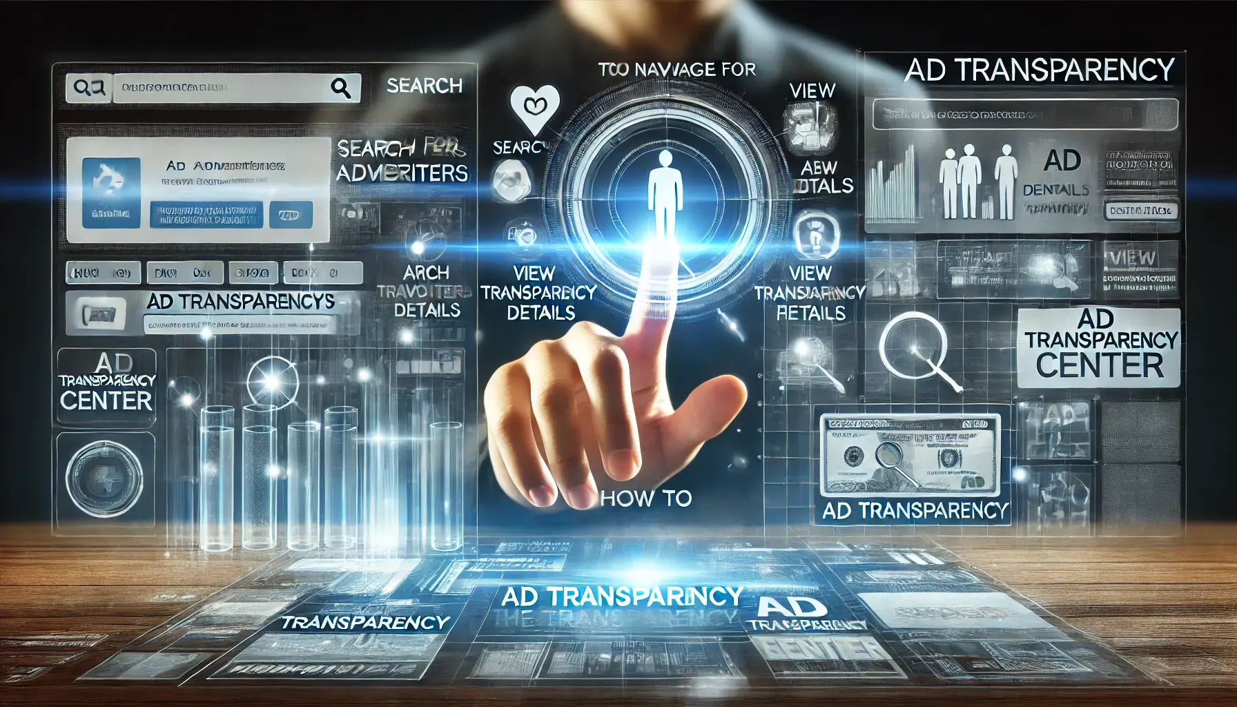 A conceptual visualization of how to navigate and utilize the Ad Transparency Center, with a user interacting with an intuitive digital interface.