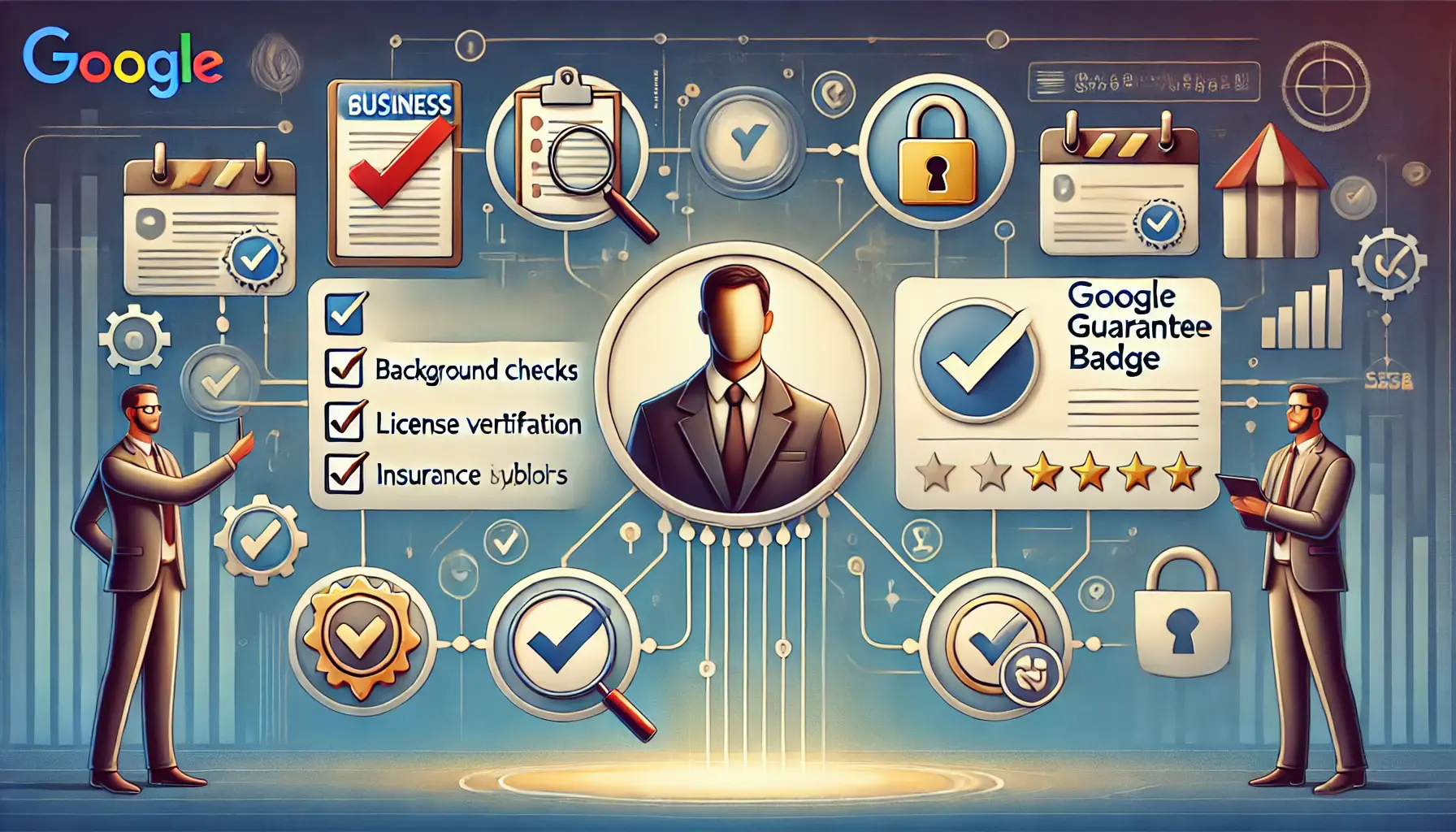 An illustration showing the process of obtaining the Google Guarantee badge with icons of background checks, licenses, and insurance.