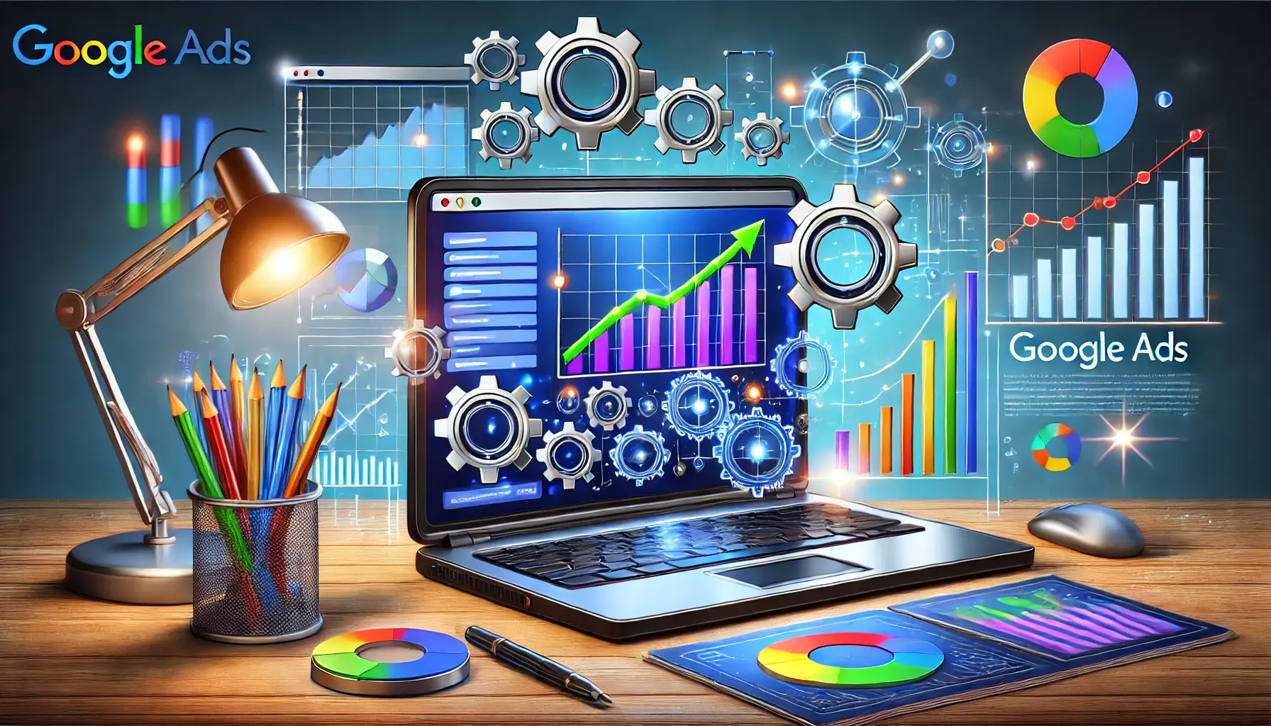 A digital marketing scene showing a laptop with Google Ads platform, gears symbolizing optimization, and upward-trending graphs for performance improvement.