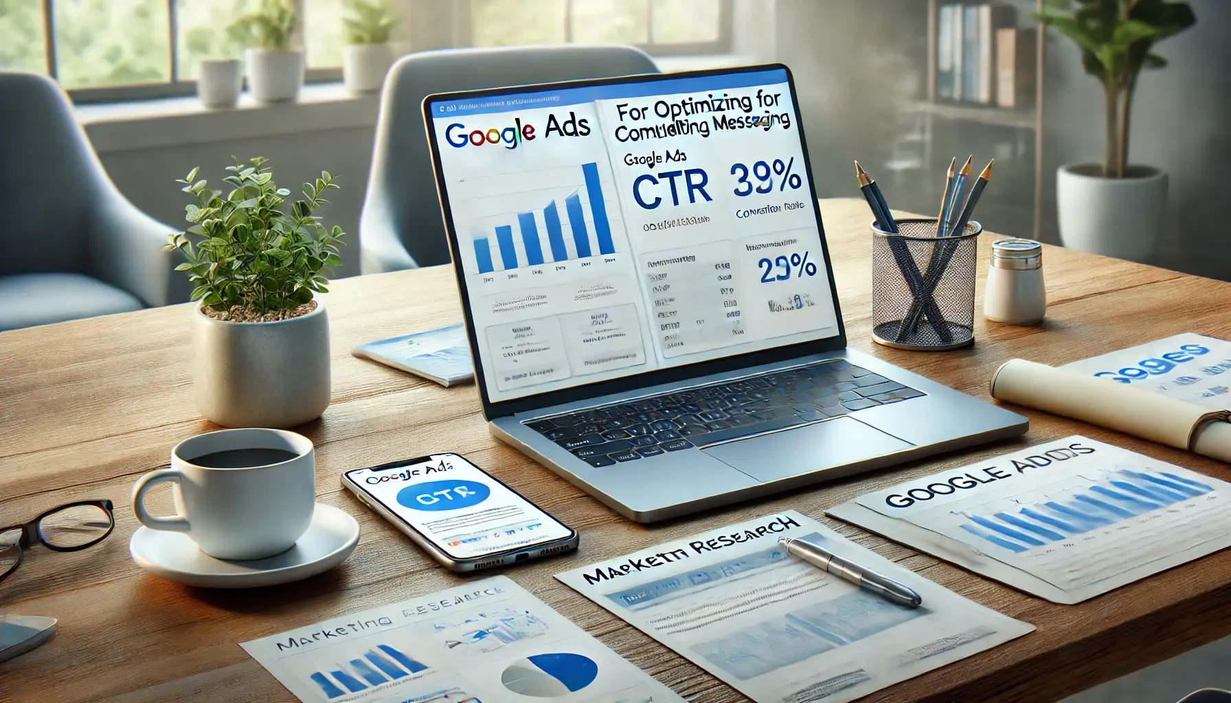 A modern workspace with a laptop showing Google Ads performance metrics, marketing reports, and an optimization app, symbolizing ad optimization for compelling messaging.