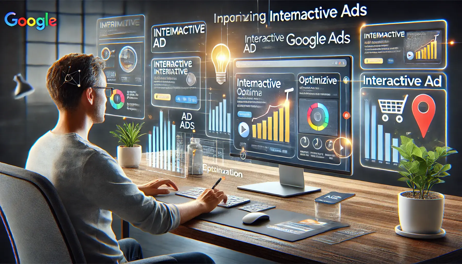 An illustration of a digital marketer using a computer to optimize interactive ads within the Google Ads platform, analyzing ad performance and engagement metrics.