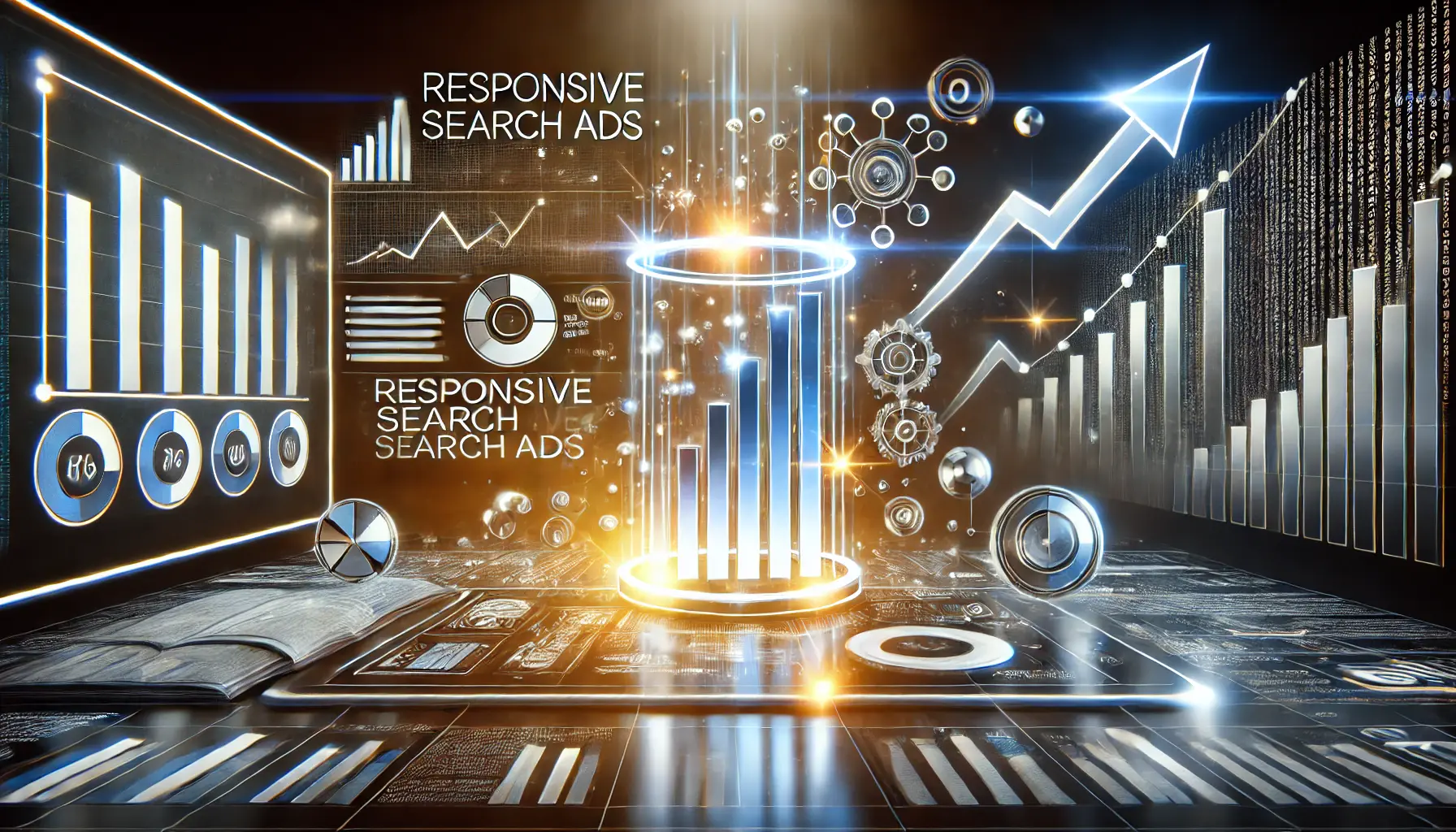 Visualization of optimizing responsive search ads with digital analytics, machine learning, and upward trends.