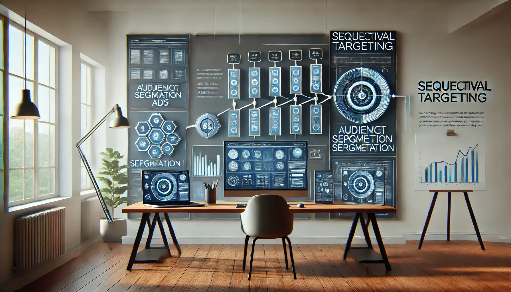 A digital workspace showing the process of setting up sequential ads, audience segmentation, and campaign tracking.