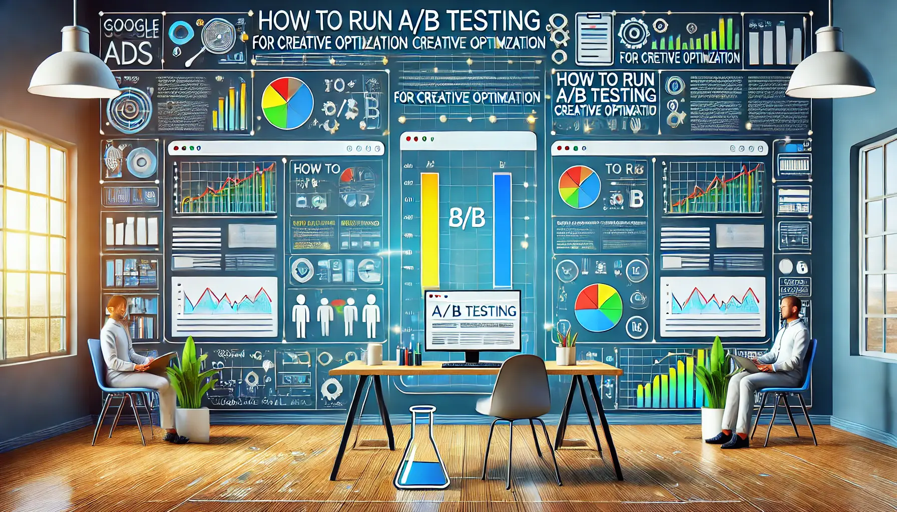 Digital workspace with side-by-side comparison of A/B tested ad creatives and performance metrics for Google Ads.