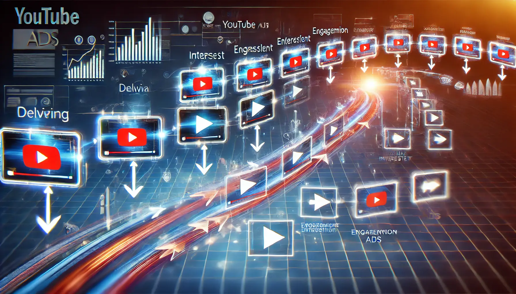 An illustration of sequential retargeting for YouTube Ads, featuring a series of ad frames arranged in order to symbolize the customer journey.