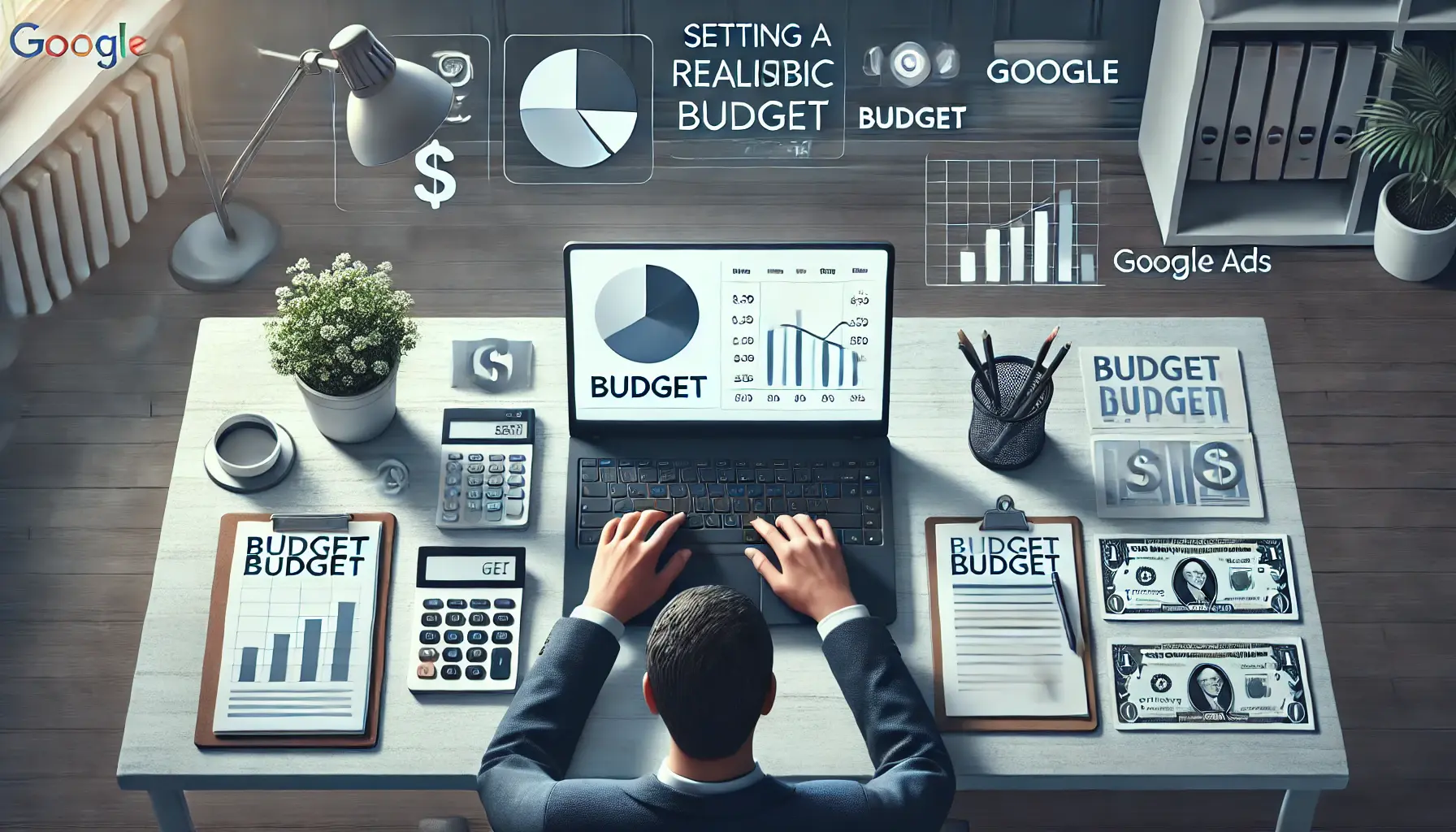 A professional setting a realistic budget for Google Ads on a laptop, with graphs, pie charts, and financial icons like a calculator and dollar signs.