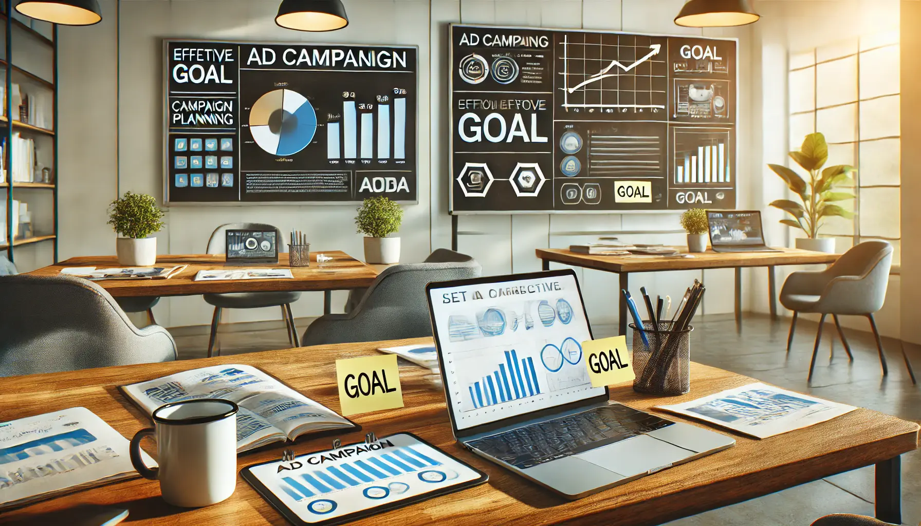 A professional workspace featuring a whiteboard with planning diagrams, a laptop with campaign analytics, and sticky notes for goal setting.