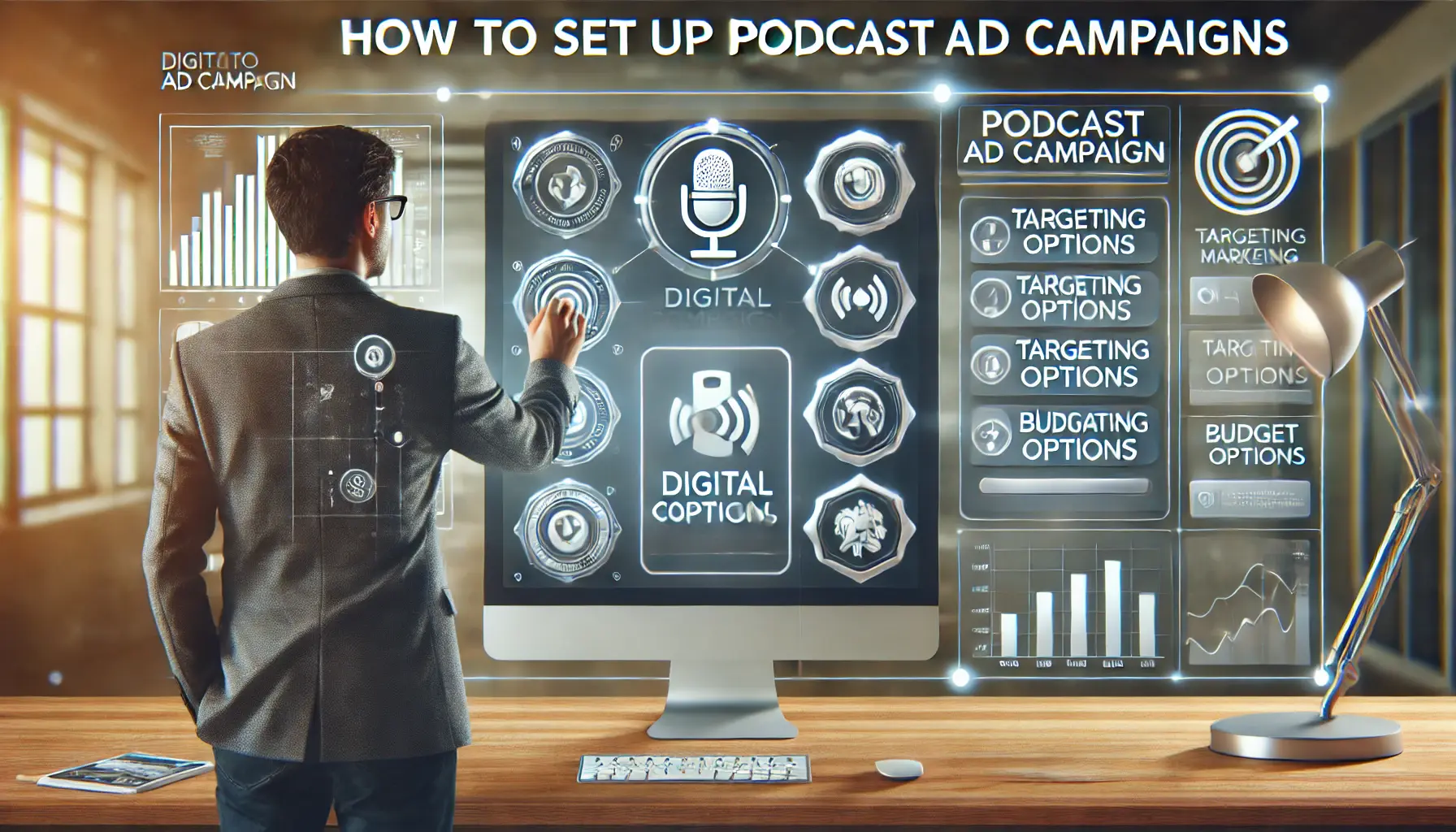 A digital illustration of a person setting up a podcast ad campaign on a computer screen, with icons related to podcasting, targeting, and budget allocation in a modern office setting.