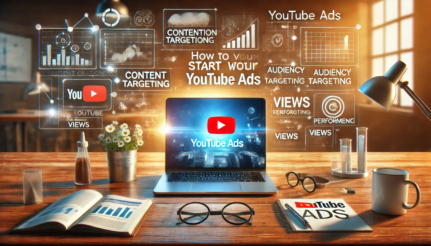 A digital marketing workspace with a laptop displaying a YouTube Ads campaign setup, surrounded by visuals of content creation and audience targeting.