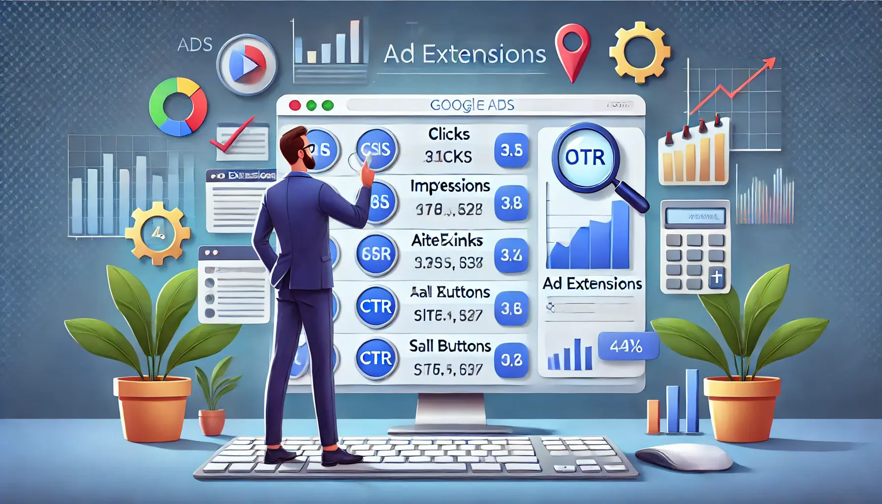 A marketer analyzing a performance dashboard with metrics like clicks, impressions, and CTR for ad extensions, surrounded by analytics icons.