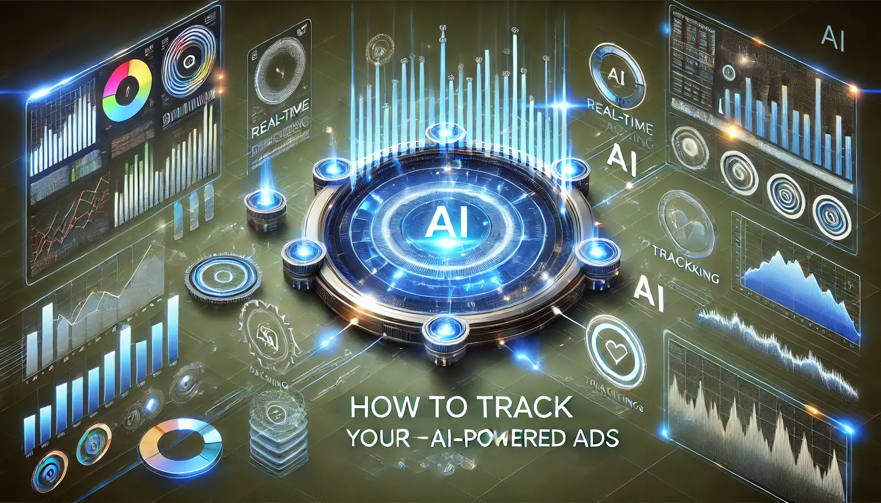 A digital interface showing advanced analytics tools for tracking AI-powered ads, featuring performance charts and real-time metrics.