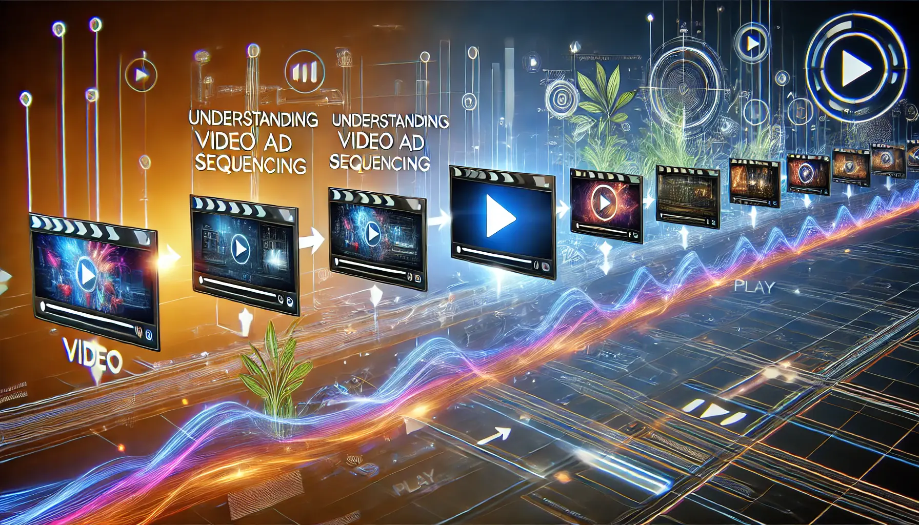 A video player interface showing a sequence of video frames connected with arrows, representing the flow of a story in video ad sequencing.