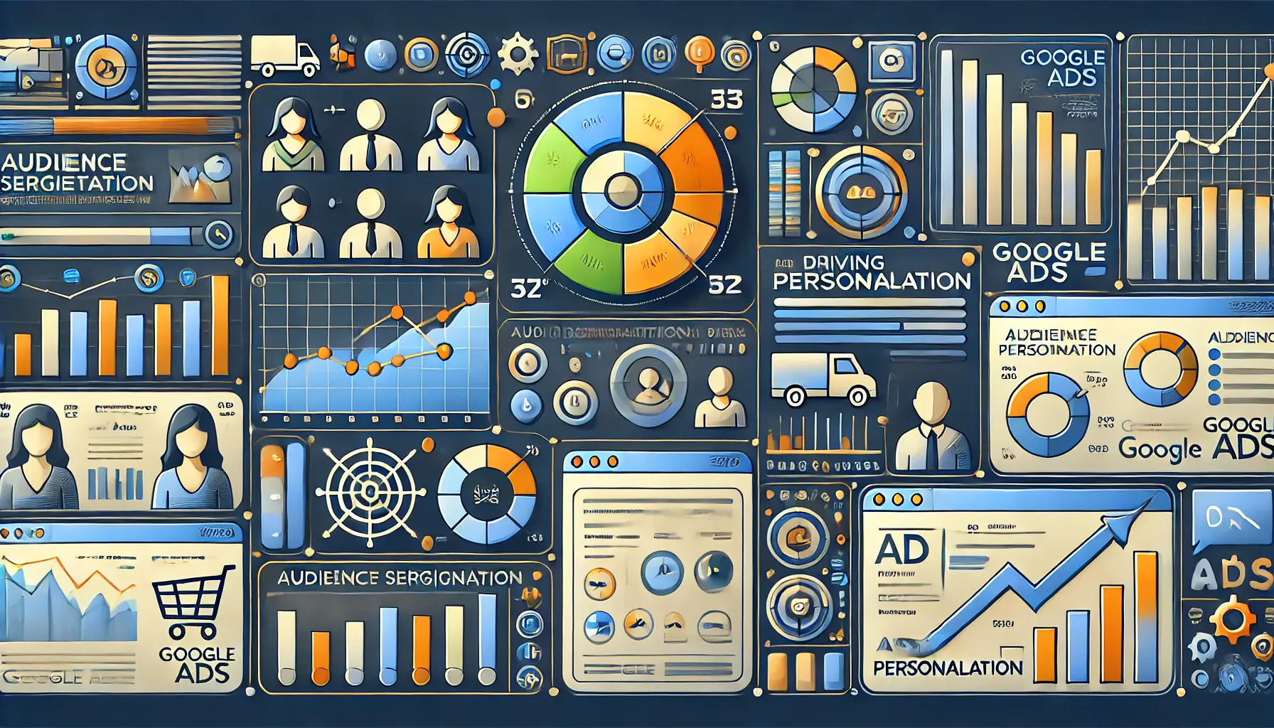 An image depicting the role of data in personalizing Google Ads, with charts and audience segmentation visuals.