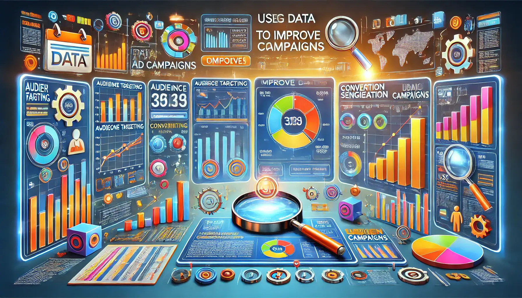 A digital dashboard displaying analytics with graphs, bar charts, and user data segmentation, highlighting actionable insights for campaign optimization.