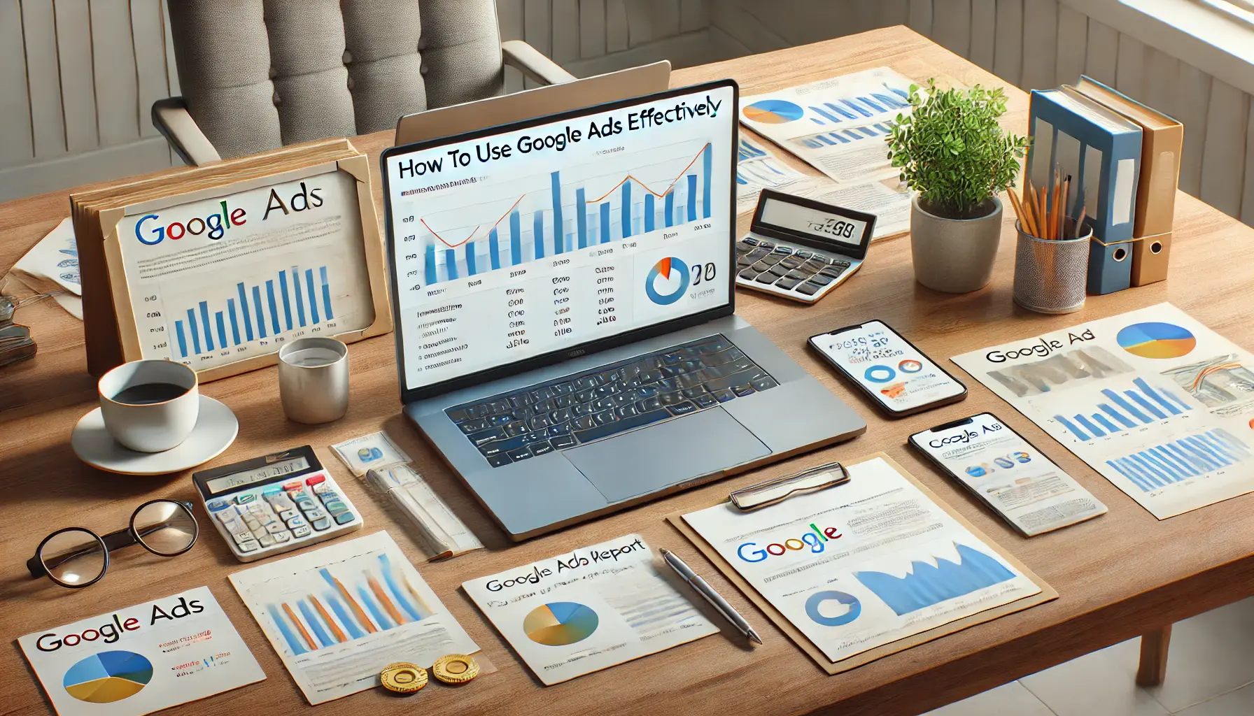 A modern workspace with a laptop displaying Google Ads performance reports, highlighting key metrics such as impressions, clicks, and conversions.