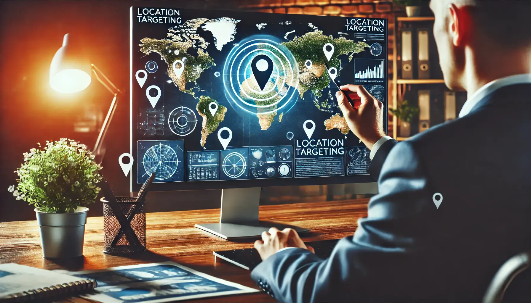 An illustration of location targeting in digital marketing, with a map highlighting specific regions, cities, and location markers.