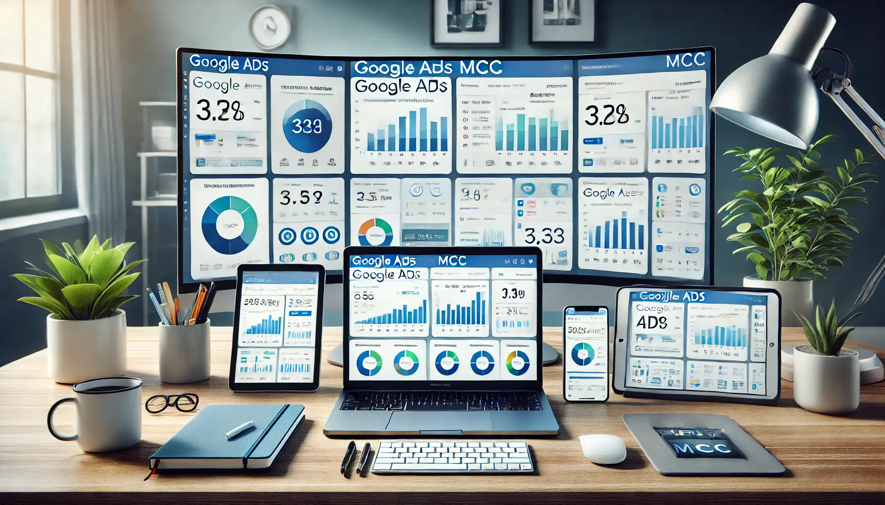 A workspace with multiple devices displaying synchronized MCC dashboards for managing Google Ads accounts.