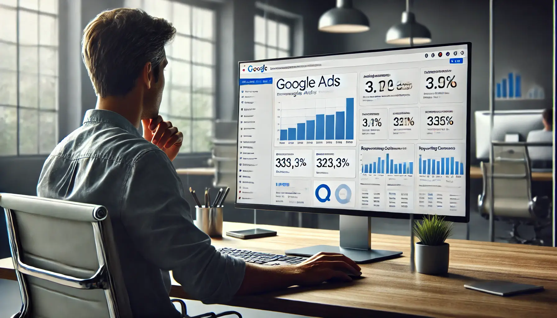 Digital marketer monitoring and adjusting Google Ads reporting columns on a computer screen.