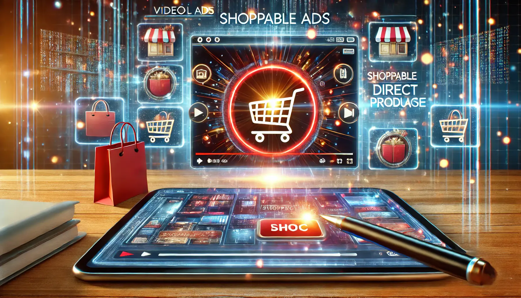 A video player interface with clickable product hotspots and thumbnails, set against a futuristic background with shopping carts and digital connections.