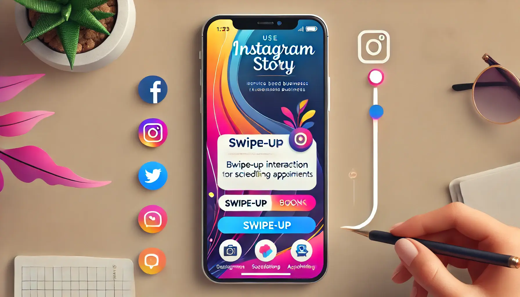 An Instagram story promoting a service with a swipe-up interaction leading to a booking page, emphasizing accessibility and user engagement.