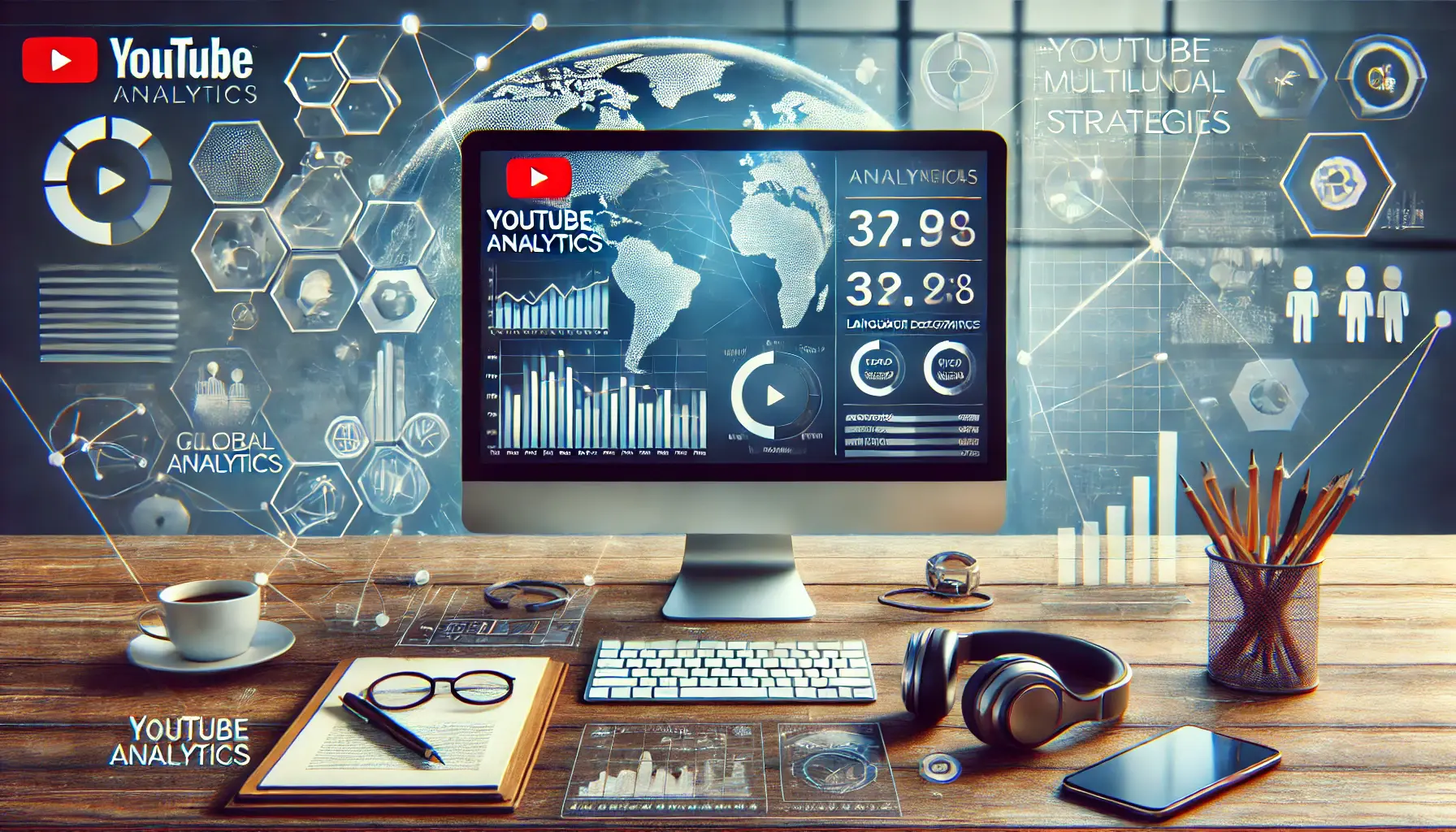 Computer screen showing YouTube Analytics dashboard with global audience metrics and charts.