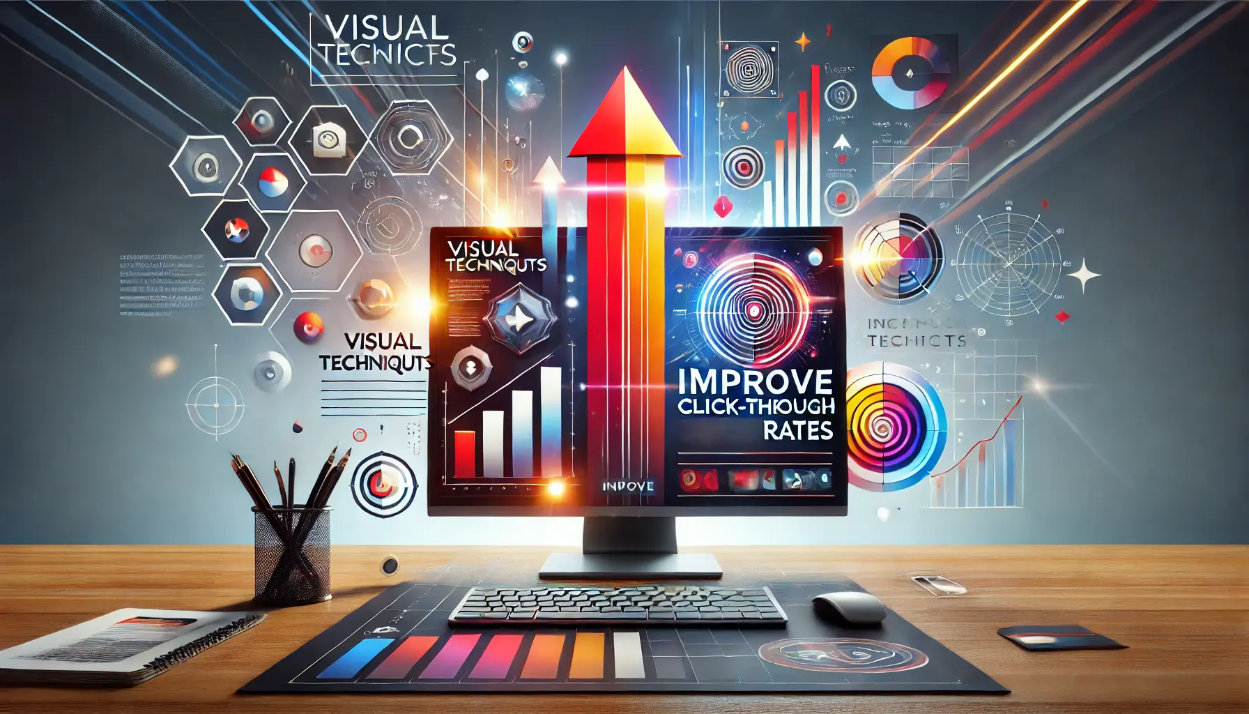 A digital ad on a screen with a vibrant design, a contrasting call-to-action button, and abstract graphics symbolizing increased engagement and click-through rates.