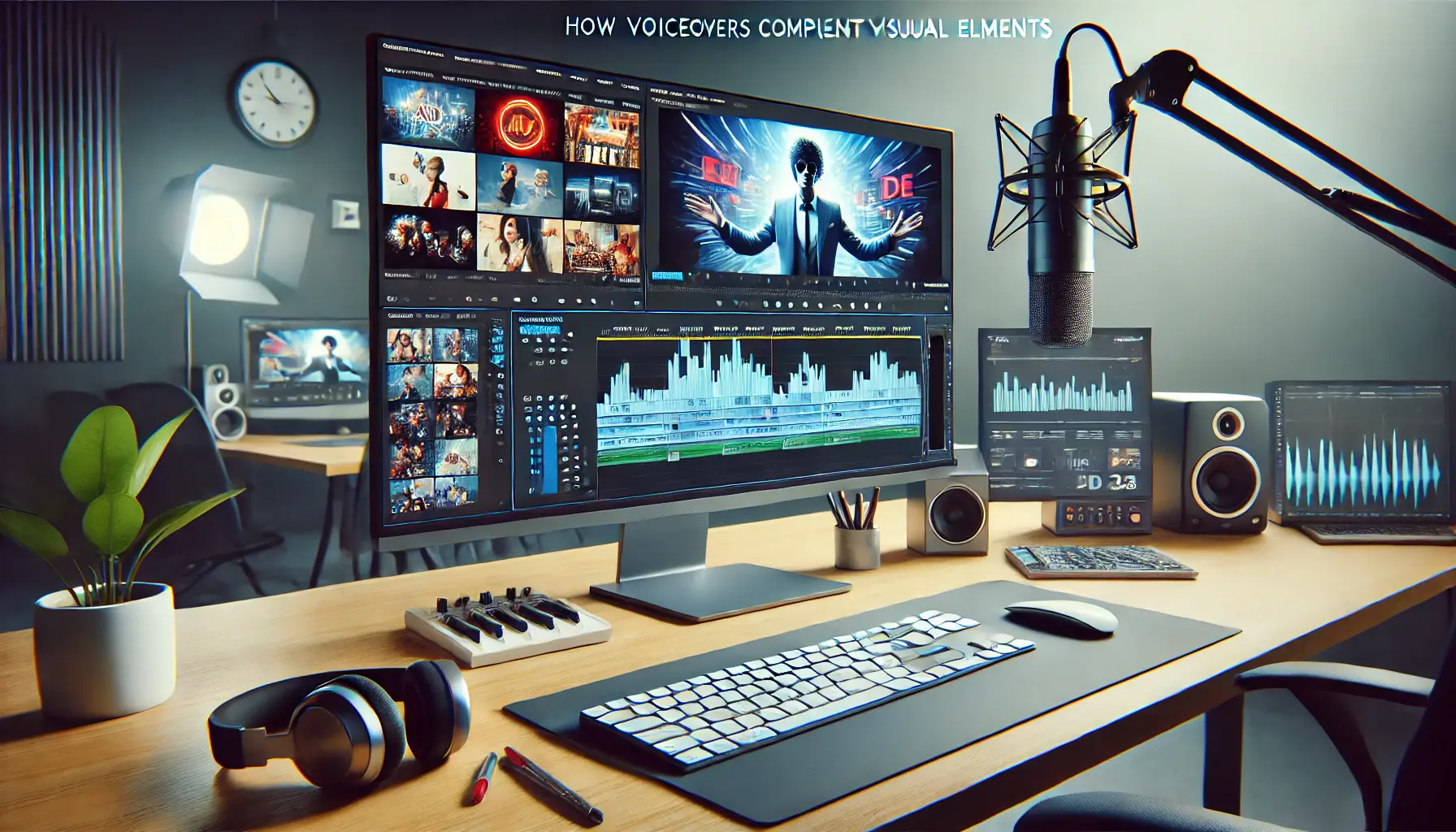 A modern video editing setup with a computer screen showing synchronized visual elements and a voiceover track, accompanied by a professional microphone and headphones.