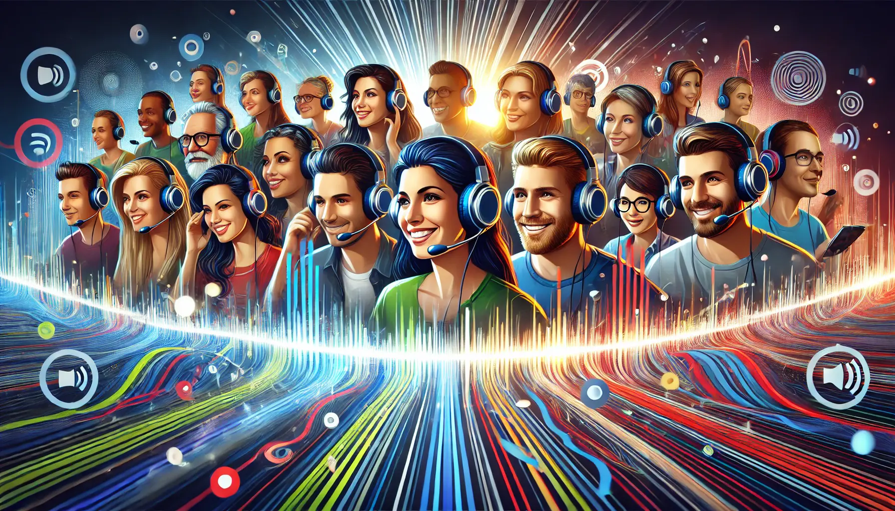 A diverse group of people wearing headphones surrounded by vibrant sound waves, symbolizing the impact of voiceovers on viewer engagement.