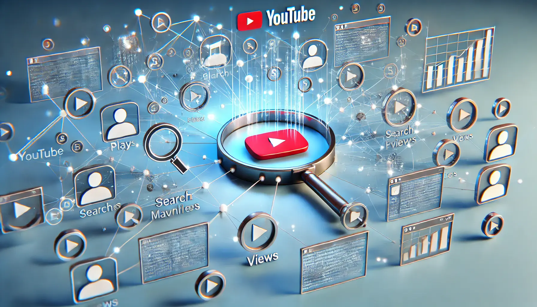 A digital network showing interconnected nodes like play buttons, user profiles, and data streams connecting to an analysis dashboard, symbolizing YouTube's data collection process.