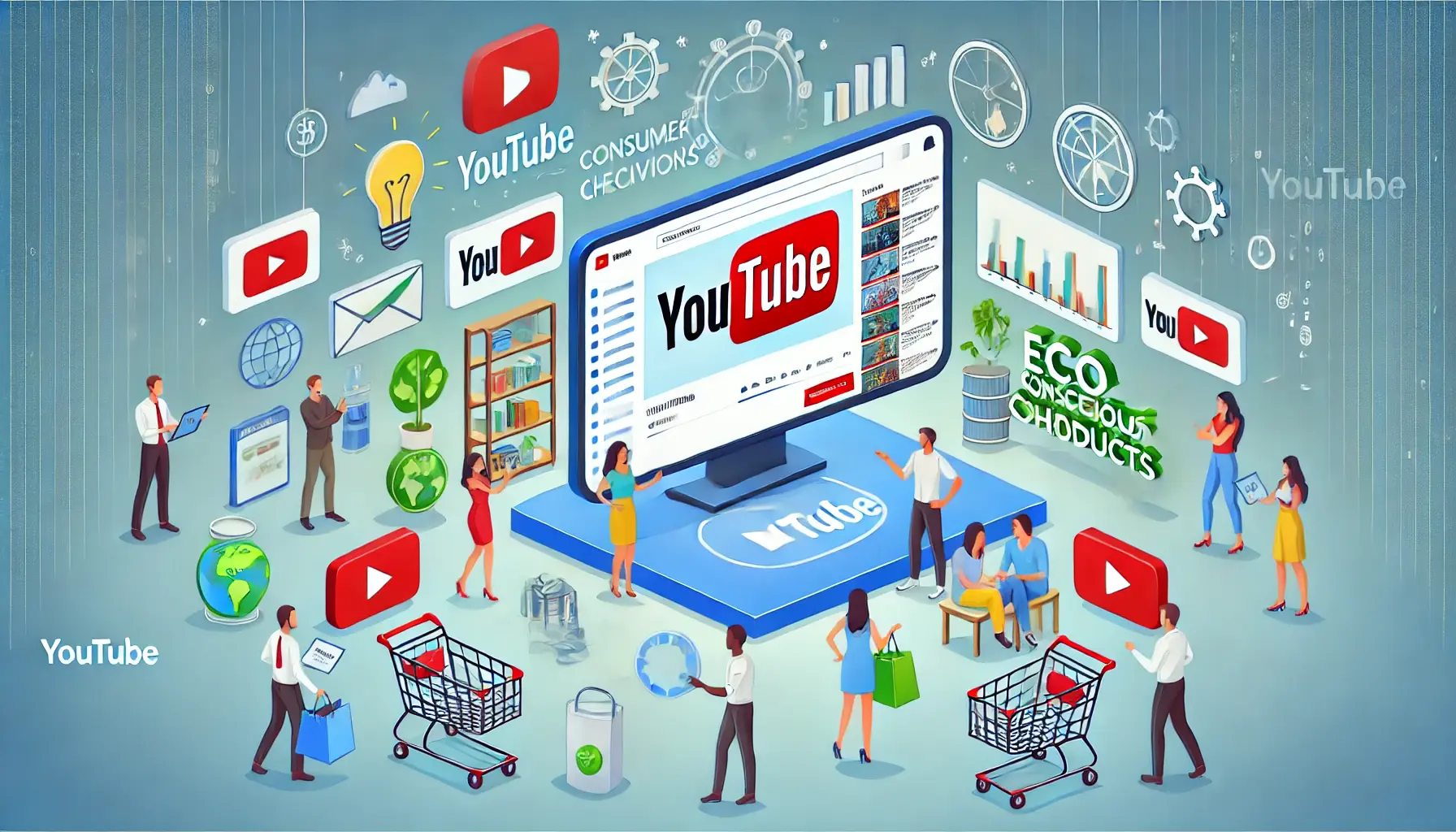 A YouTube interface displayed on a large screen with surrounding visuals of shopping carts, eco-friendly products, and consumer lifestyle symbols, showcasing influence on consumer decisions.