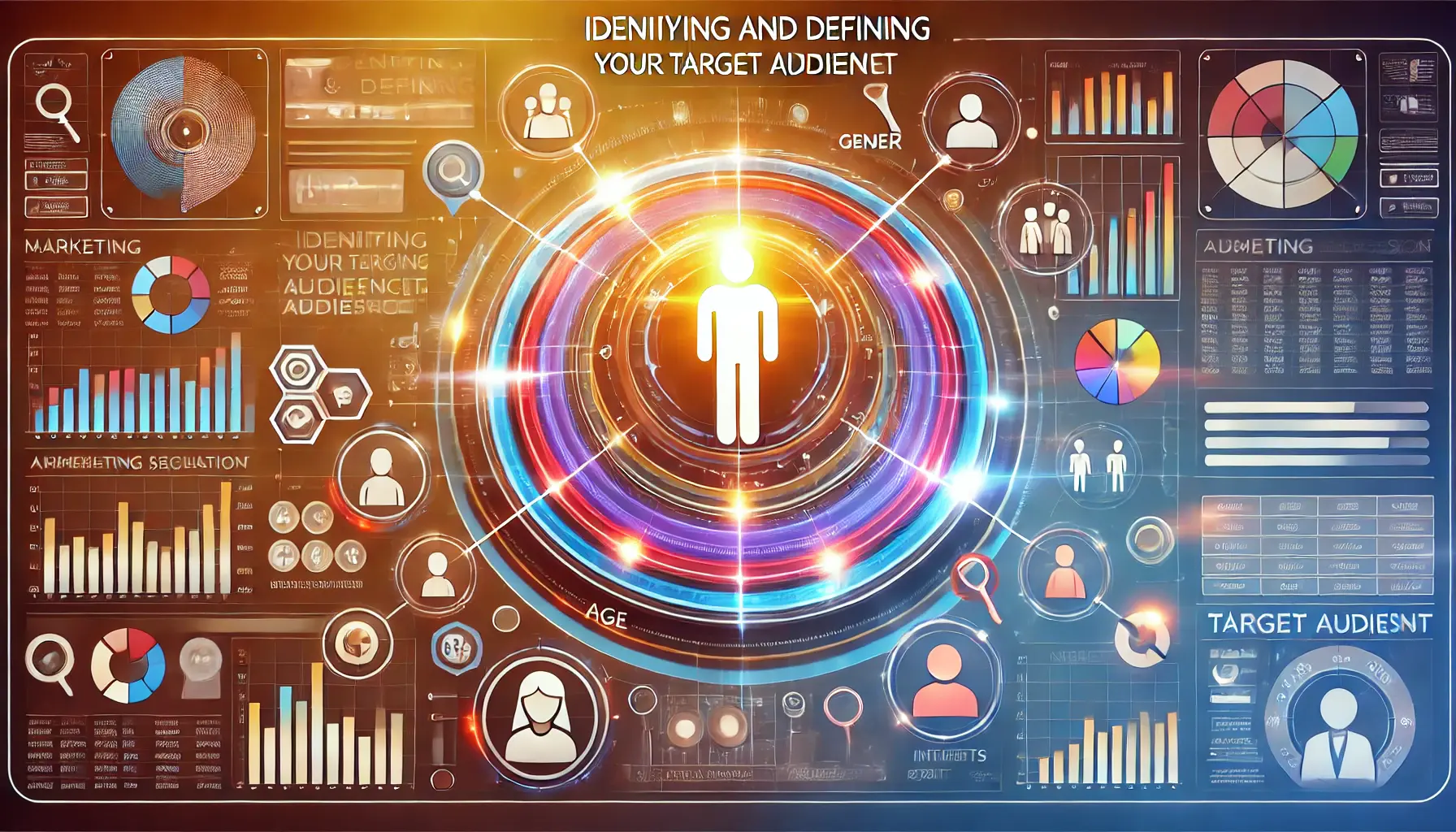 A glowing central figure symbolizing the ideal customer surrounded by diverse demographic icons and a digital marketing dashboard with analytics overlays.