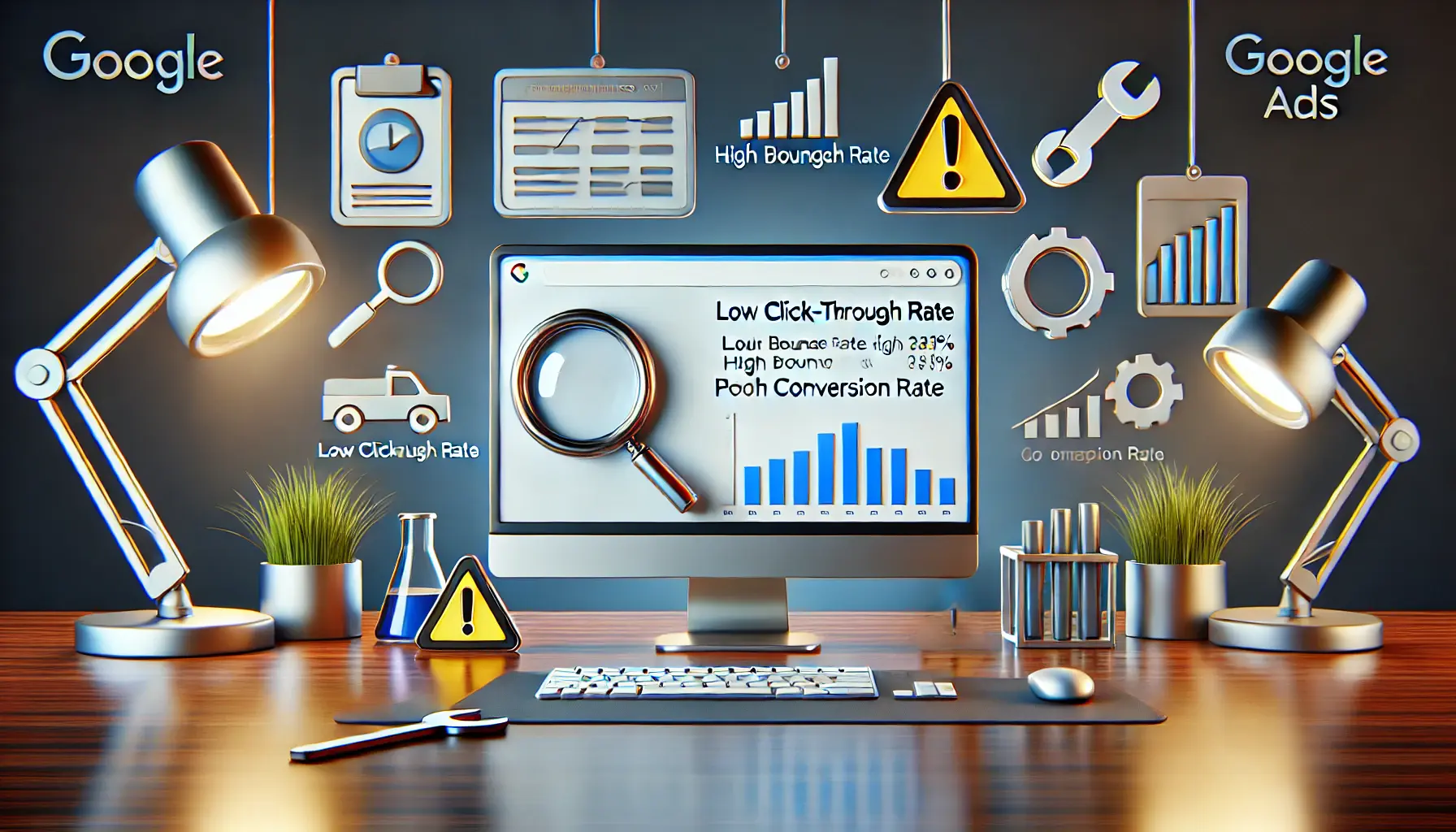 A workspace with a desktop displaying performance dashboards highlighting campaign weaknesses and tools for resolution.